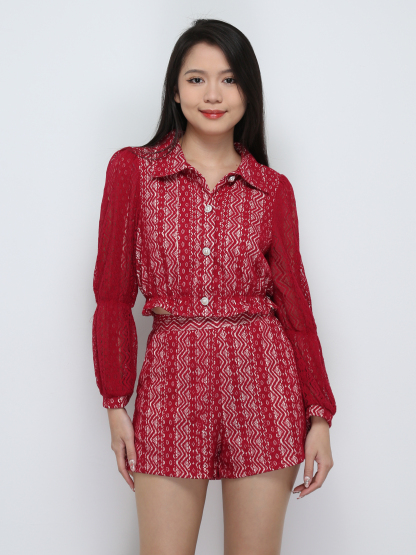 Lace Long Sleeve Front Button Top With Short Pant Set 29752