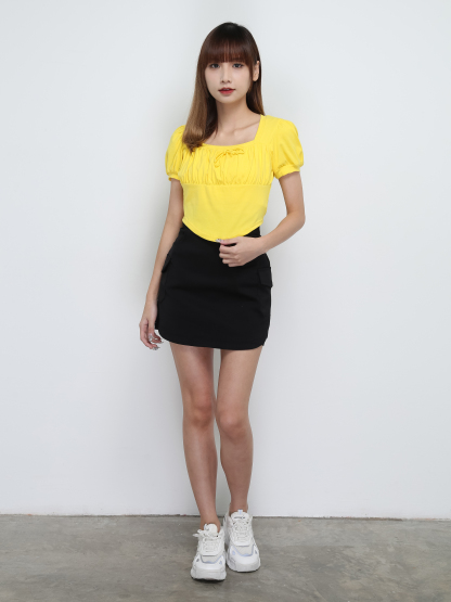 Puff Sleeve Pleated Front Tie Up Top 29006