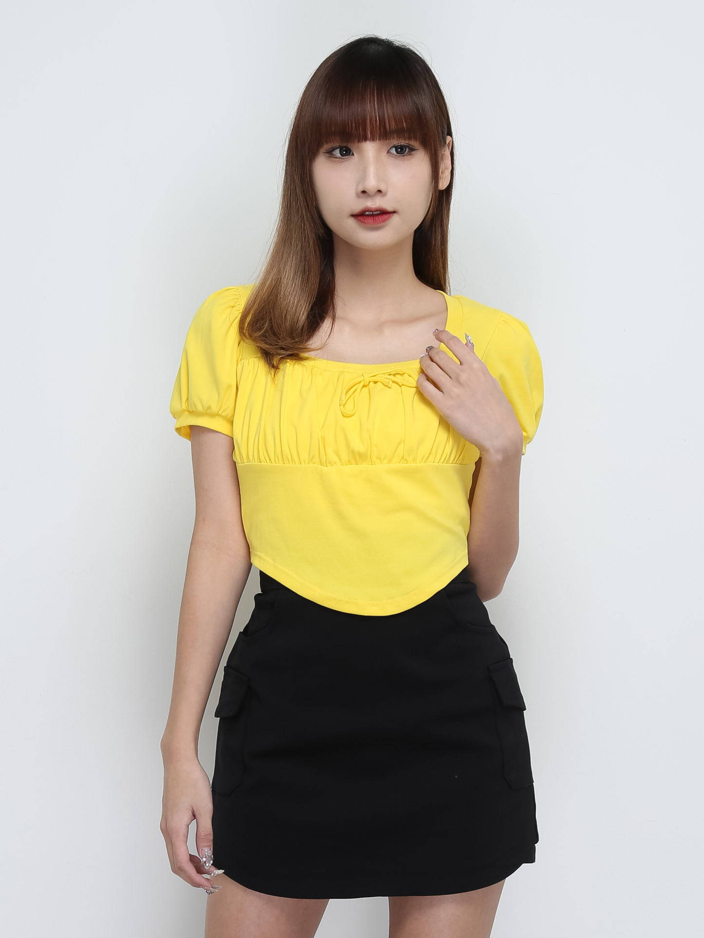 Puff Sleeve Pleated Front Tie Up Top 29006