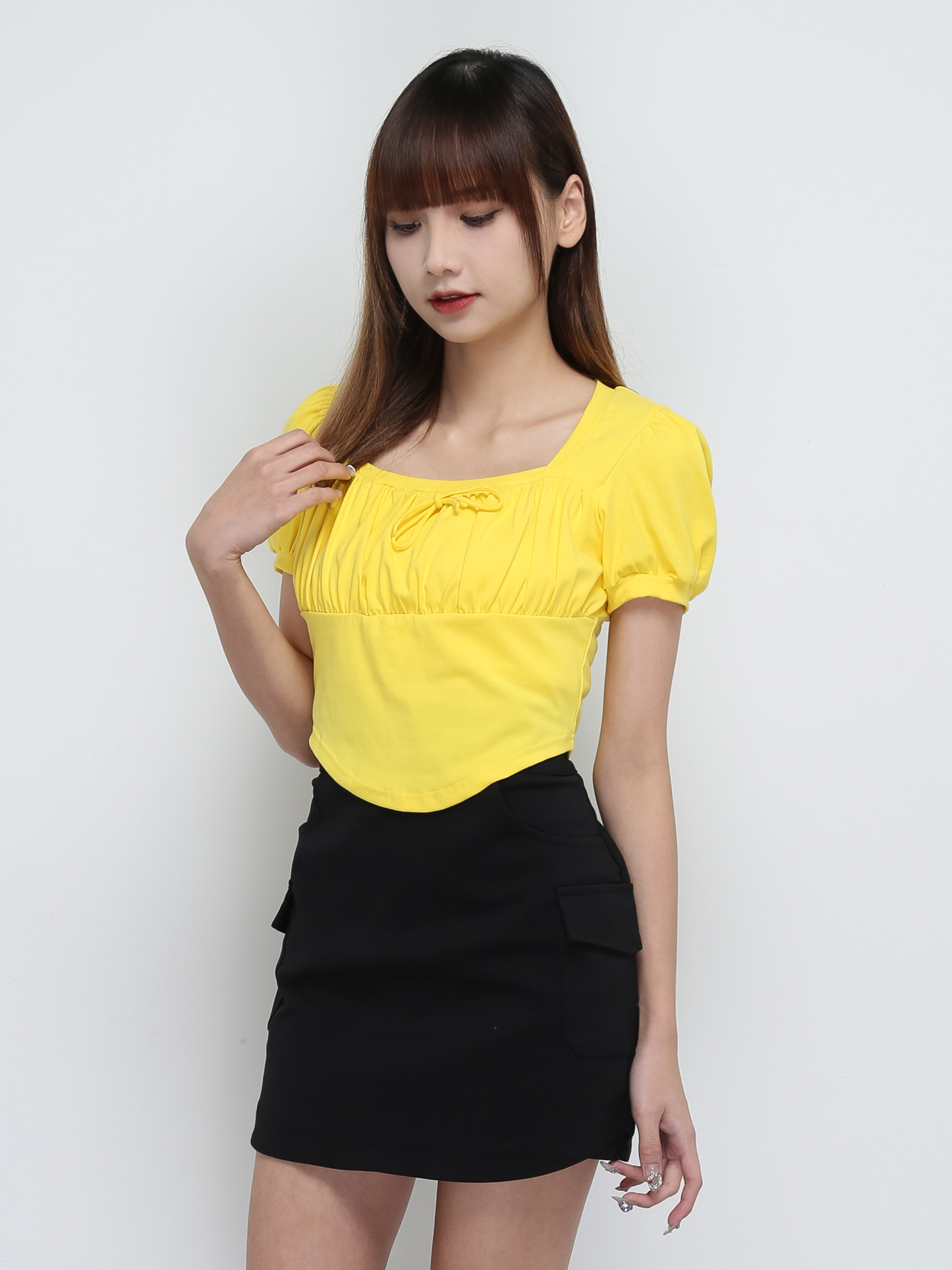 Puff Sleeve Pleated Front Tie Up Top 29006