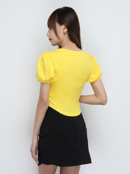 Puff Sleeve Pleated Front Tie Up Top 29006