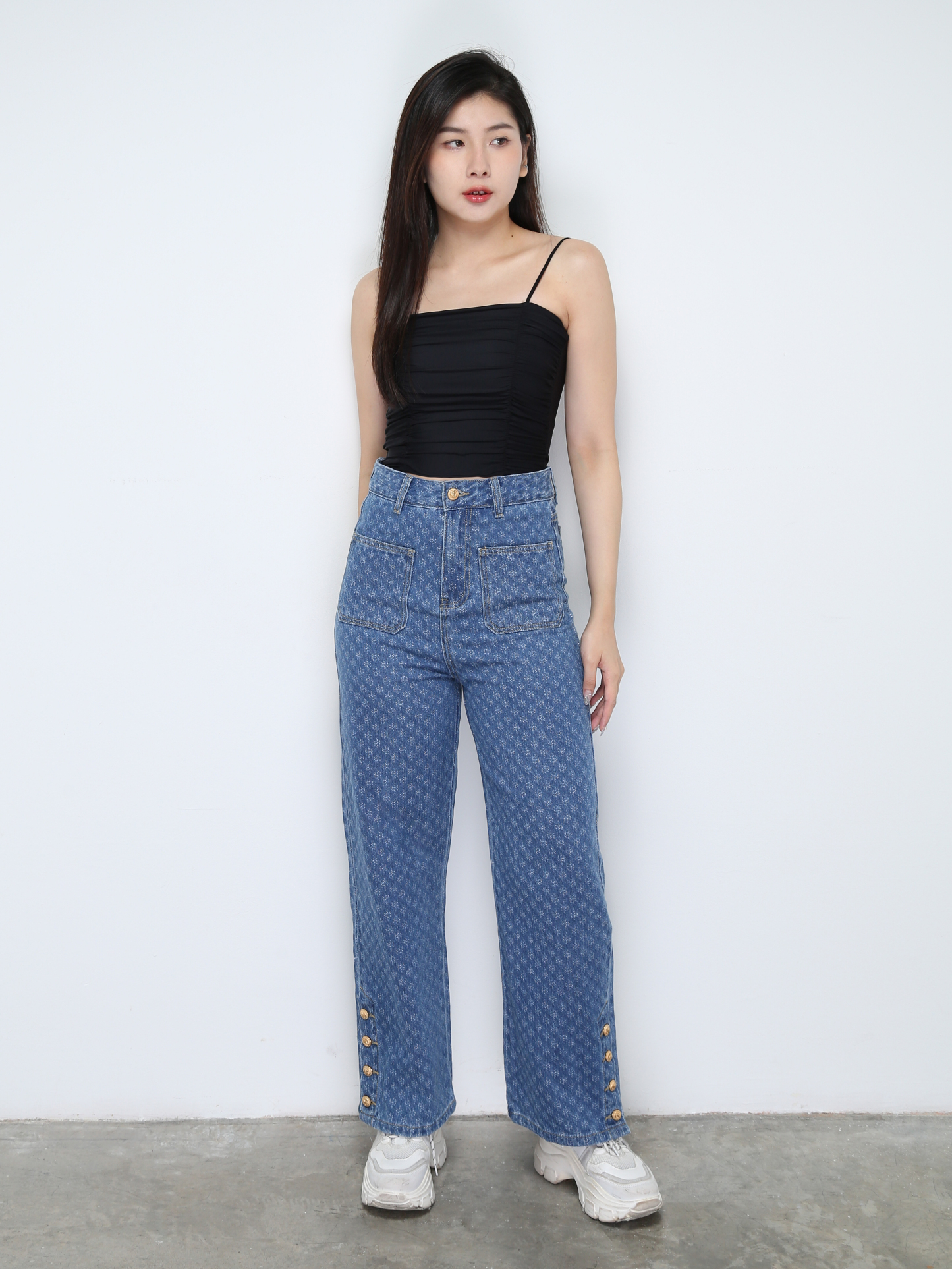 Denim High Waist Front Pocket Long Pant With Belt 31029