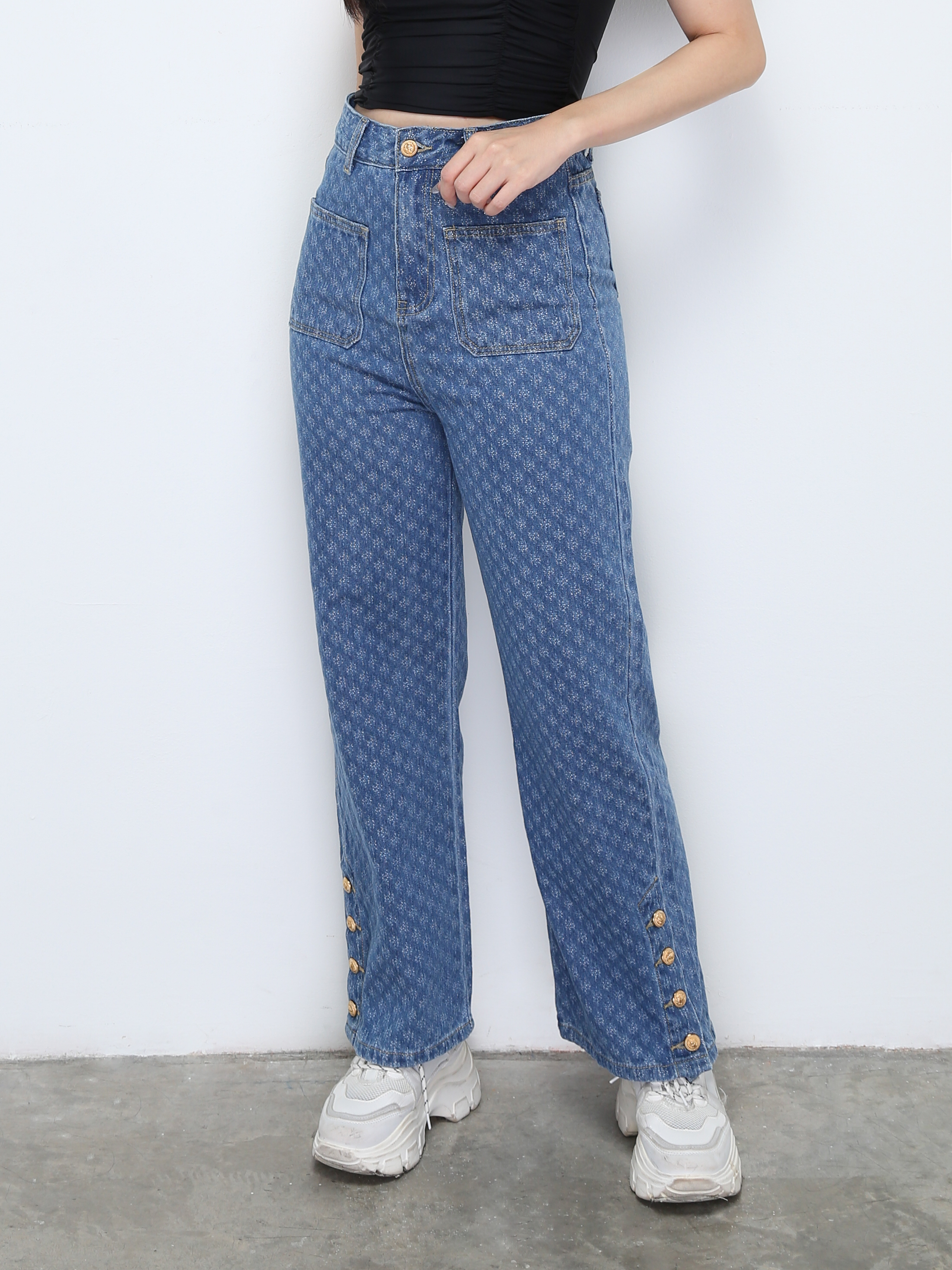 Denim High Waist Front Pocket Long Pant With Belt 31029