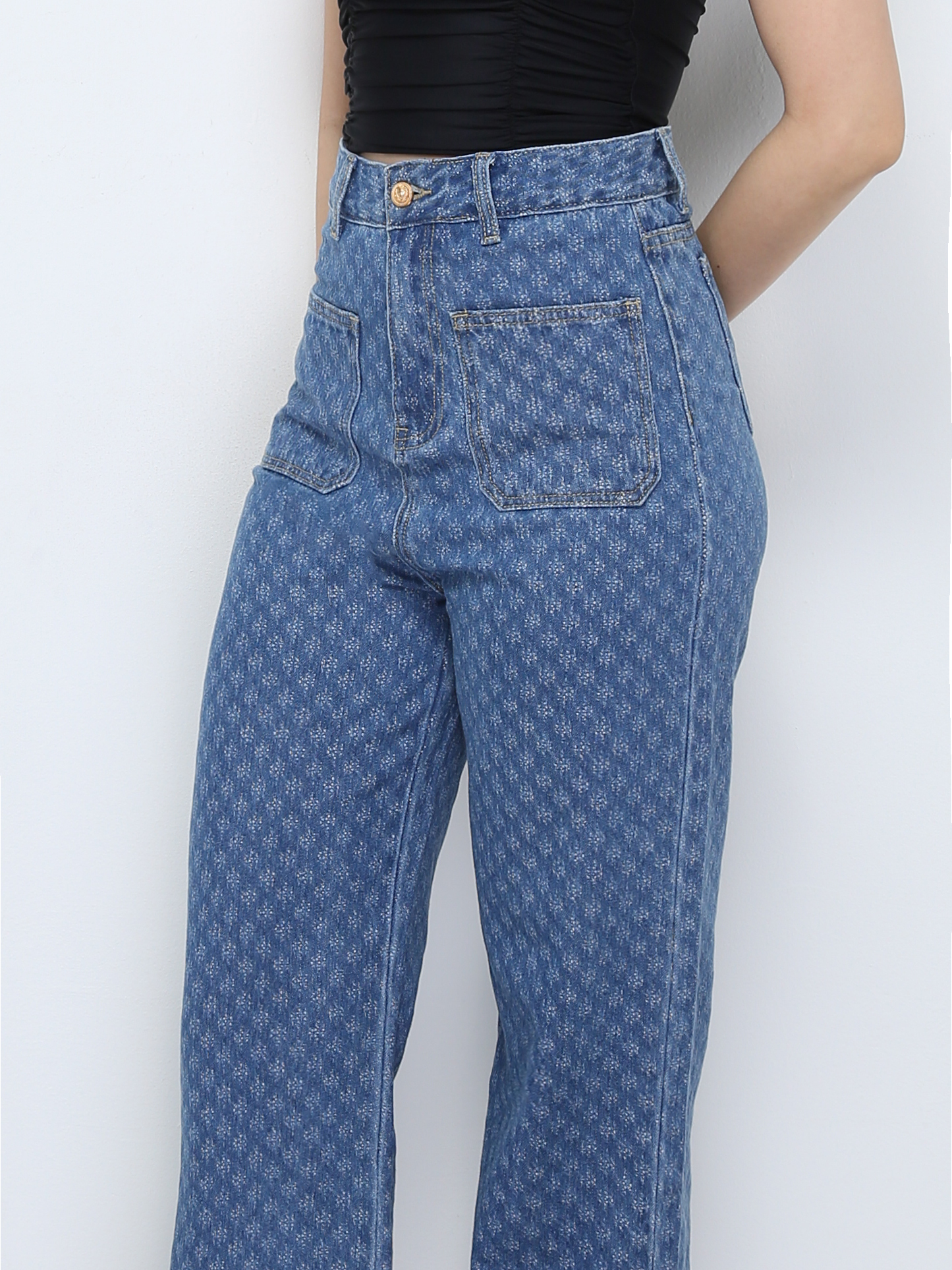 Denim High Waist Front Pocket Long Pant With Belt 31029