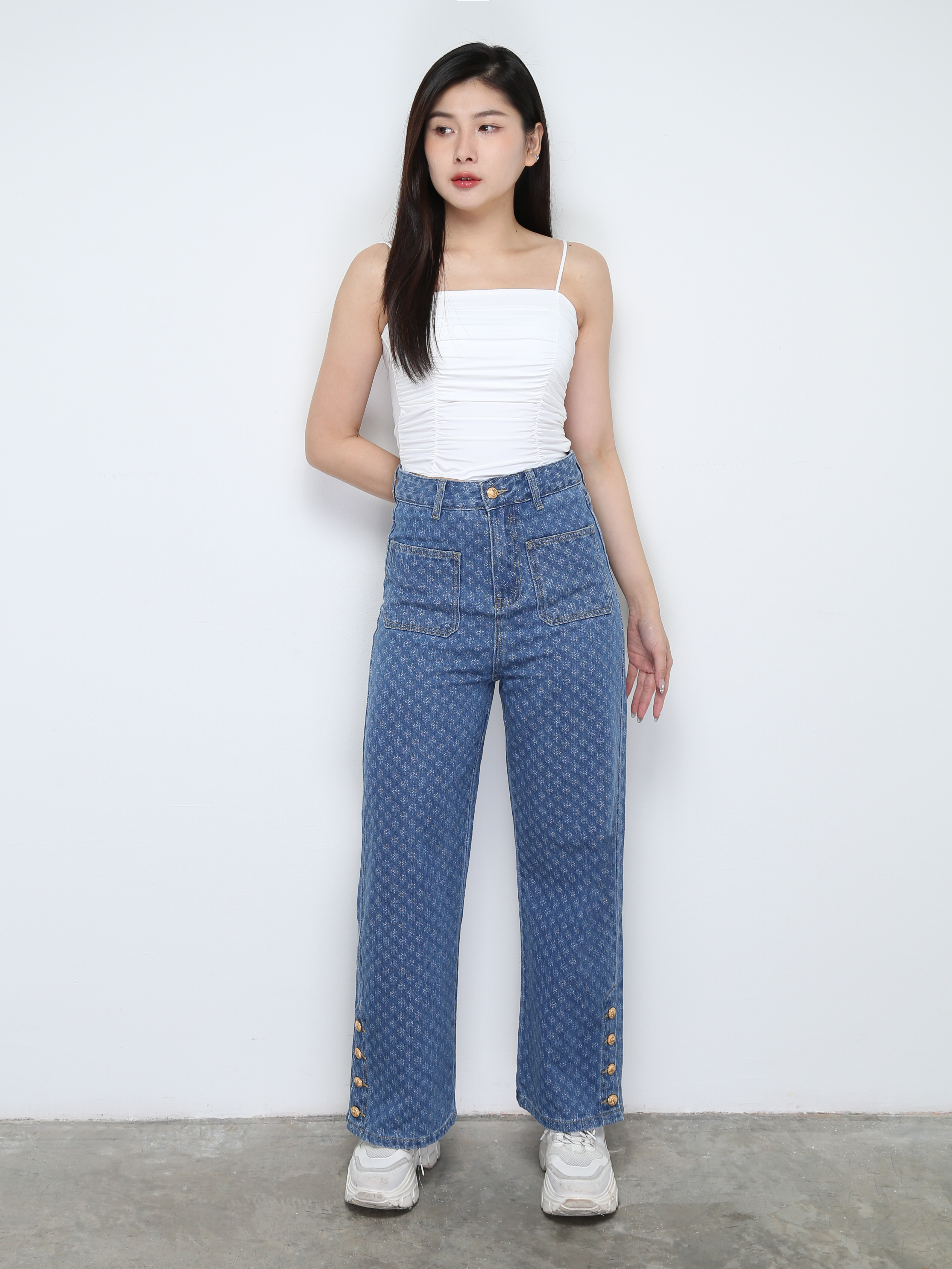 Denim High Waist Front Pocket Long Pant With Belt 31029
