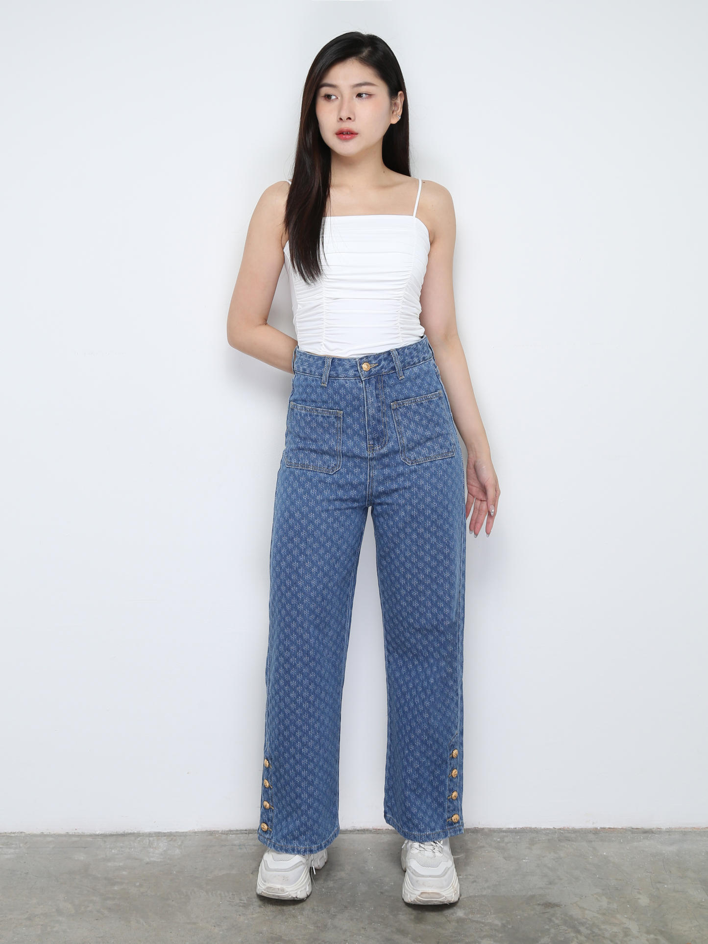 Denim High Waist Front Pocket Long Pant With Belt 31029