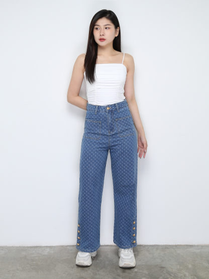Denim High Waist Front Pocket Long Pant With Belt 31029