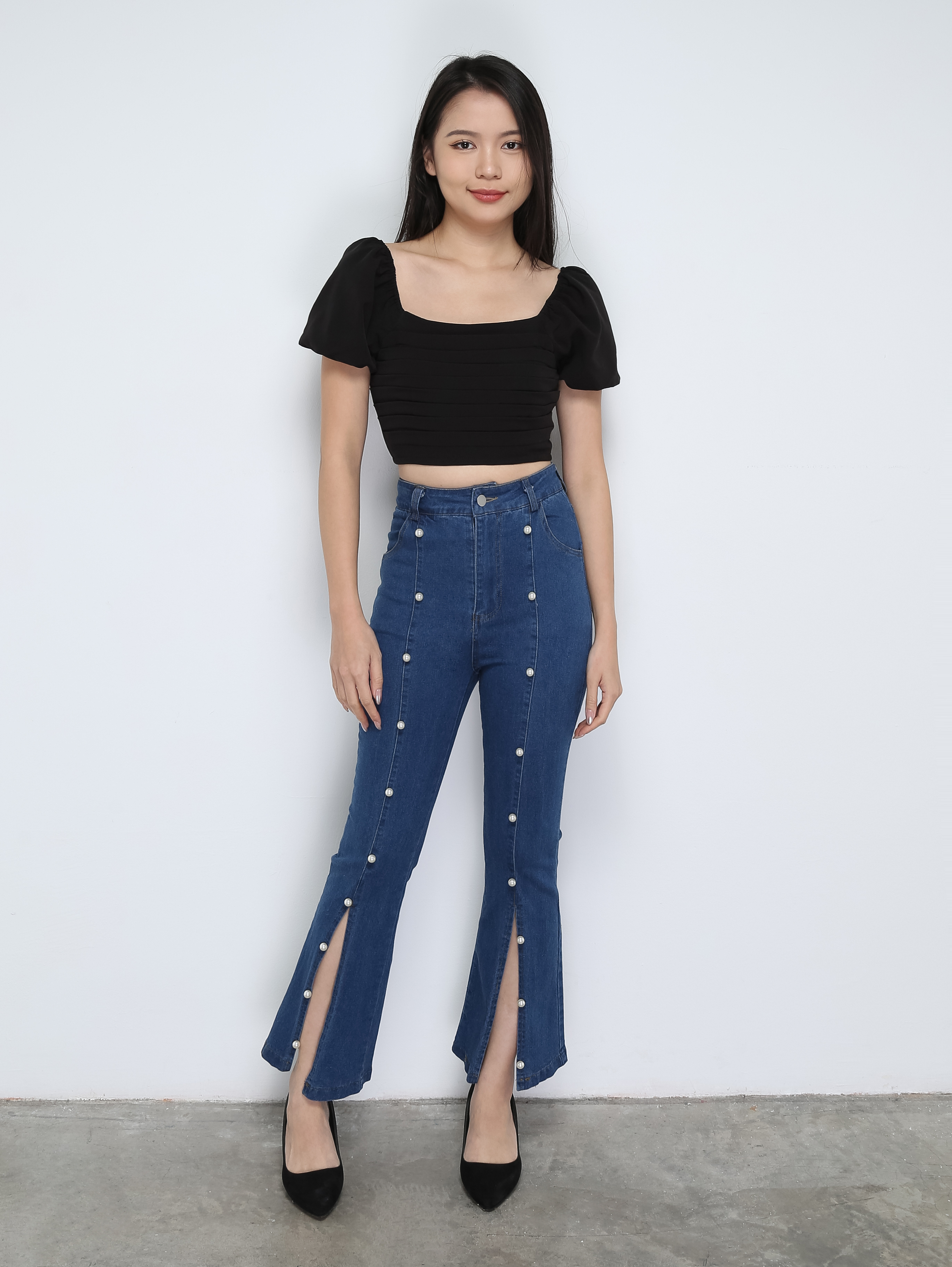 Denim Front Decorative Pearl Long Pant 29602