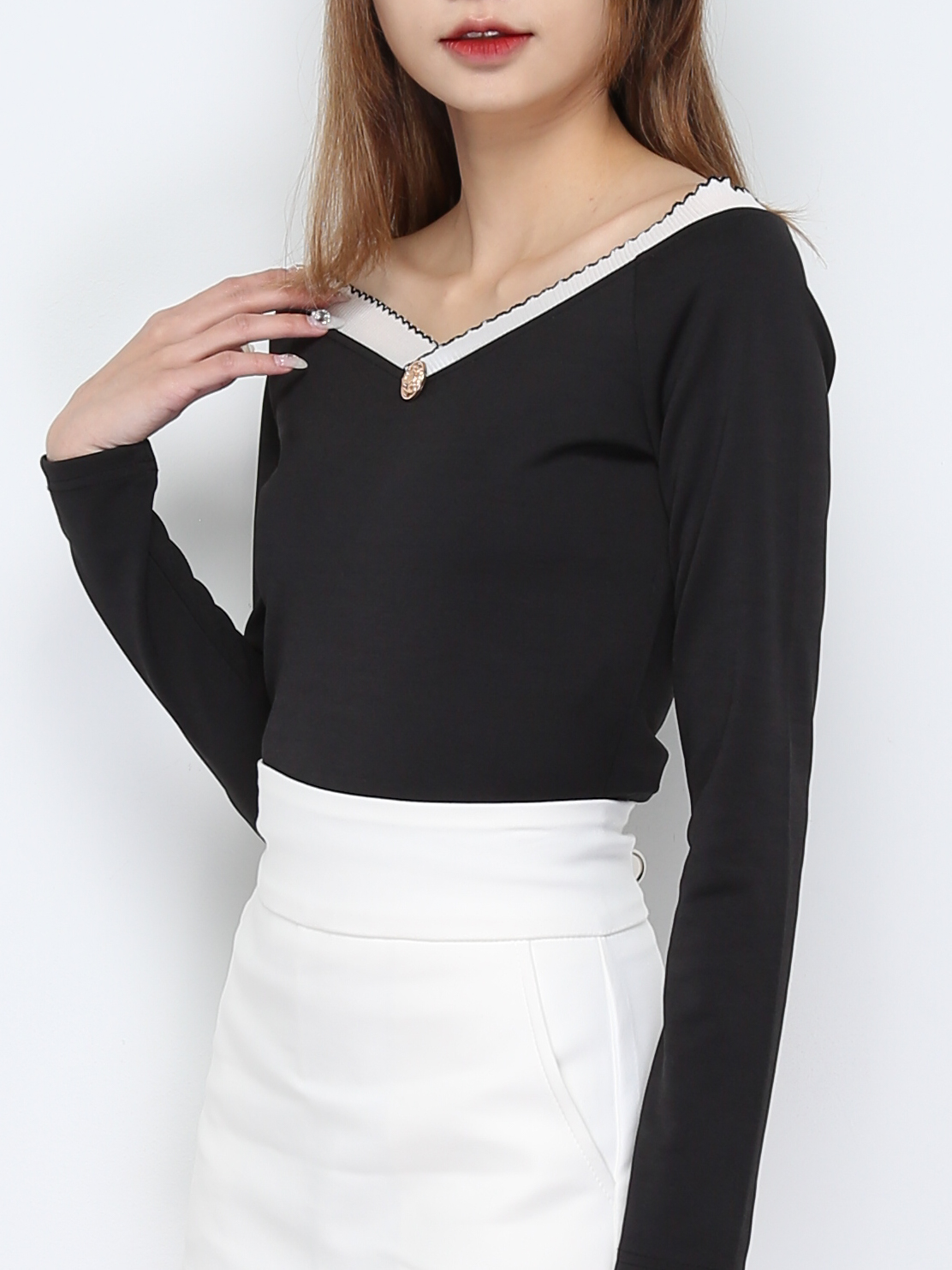 Long Sleeve Front Decorative Button Top 28142