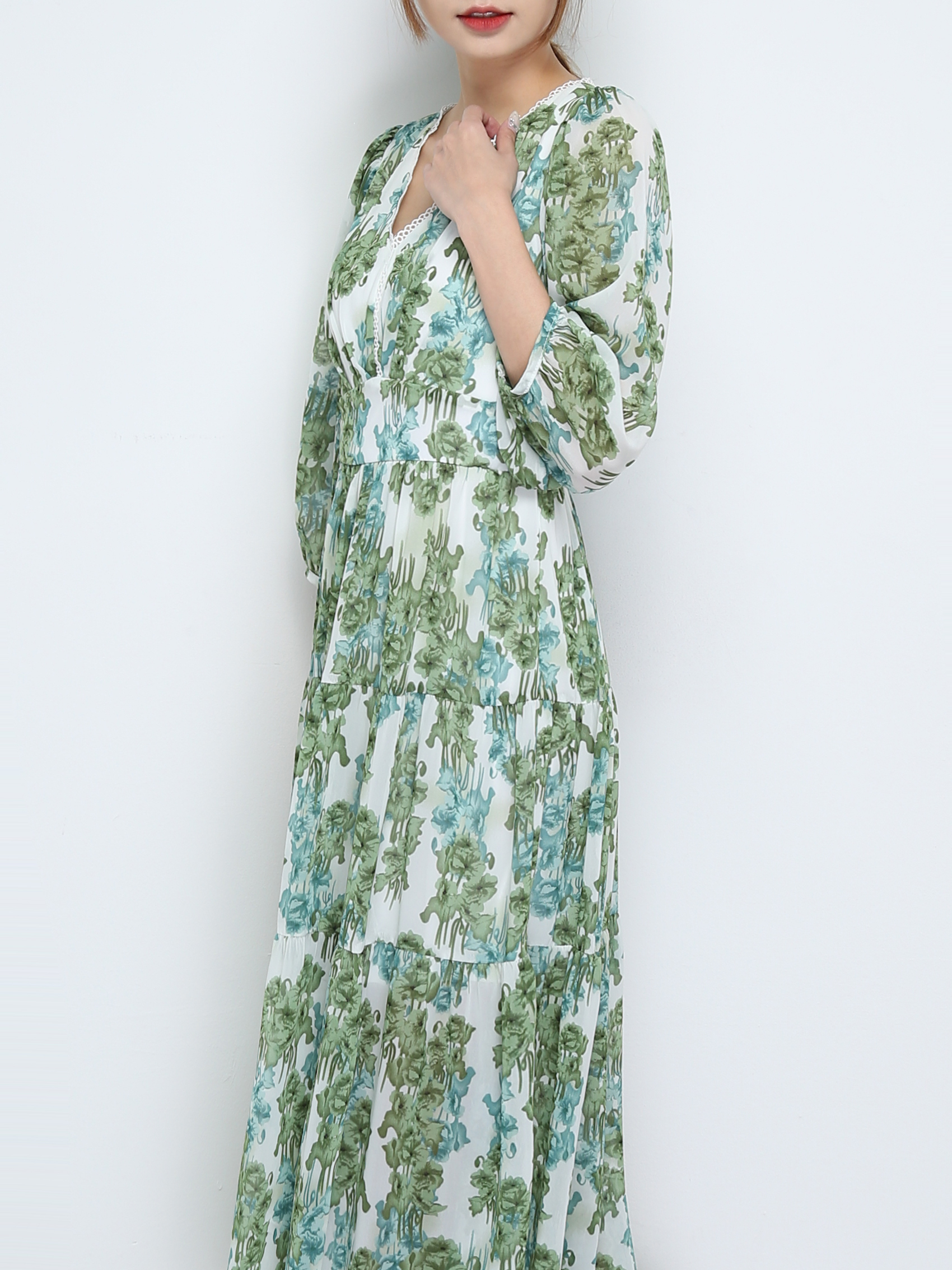 Long Sleeve Back Zip V Neck Dress 31062