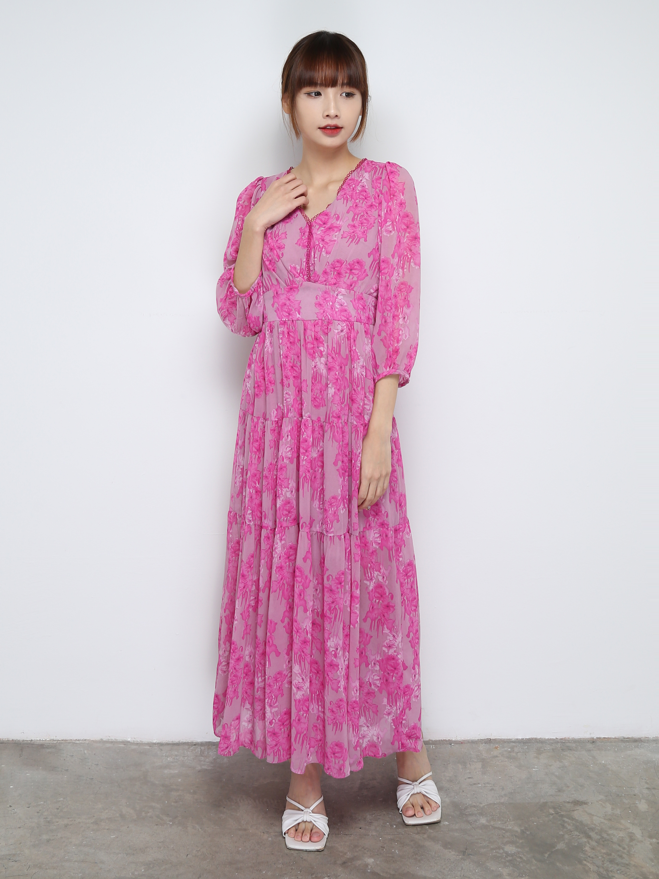 Long Sleeve Back Zip V Neck Dress 31062