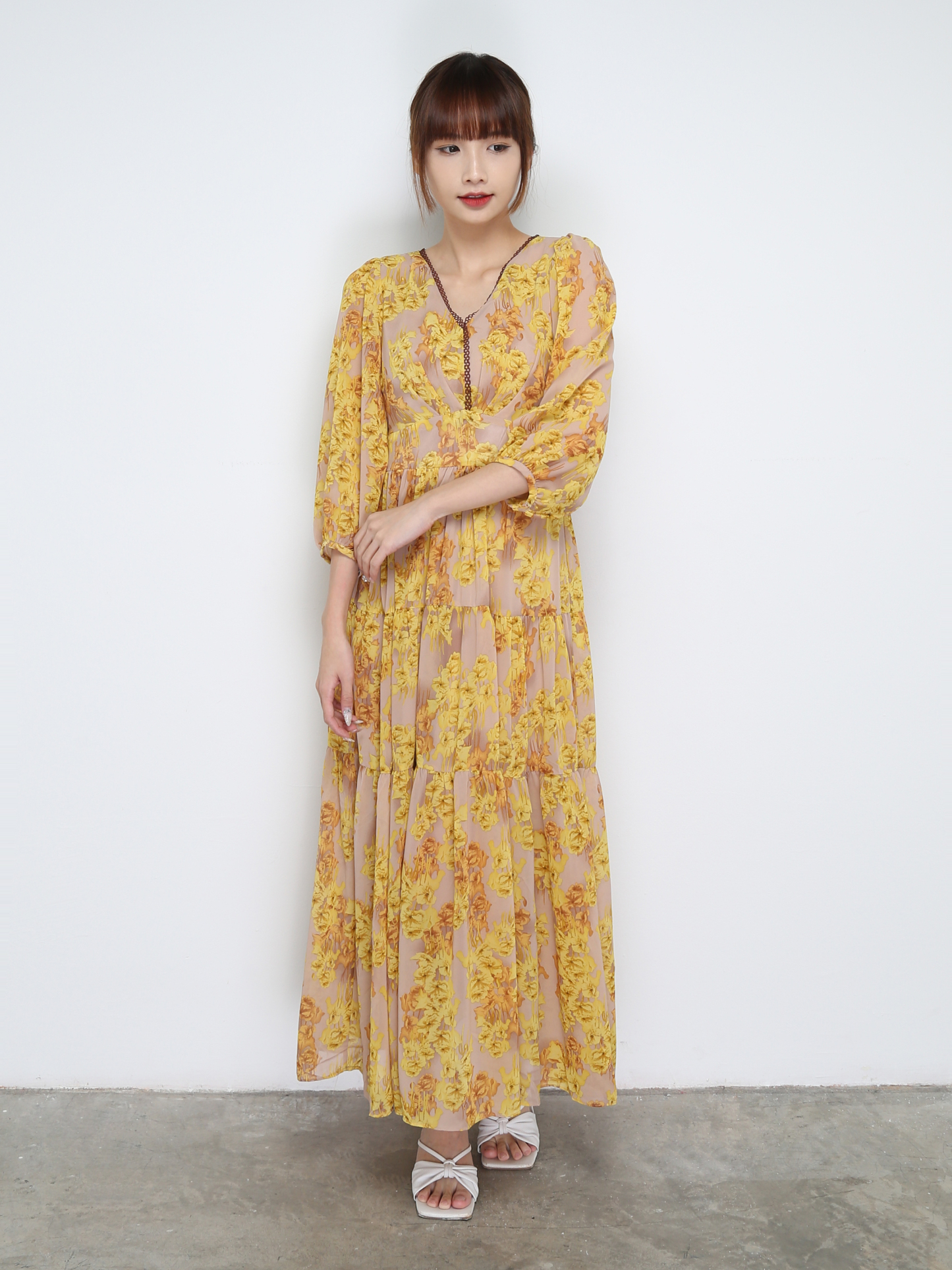 Long Sleeve Back Zip V Neck Dress 31062