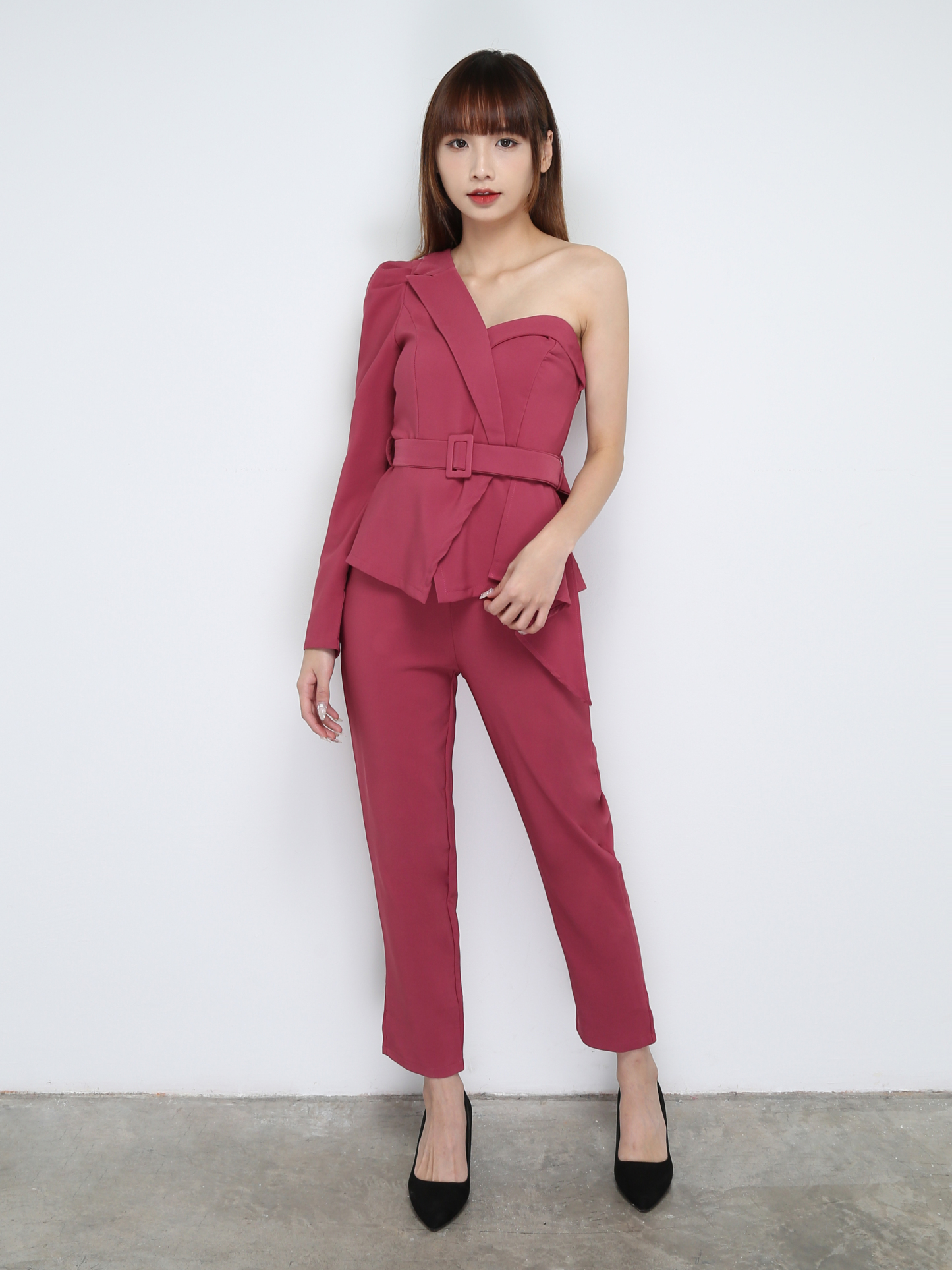 One Shoulder Back Zip Jumpsuit With Belt 31012