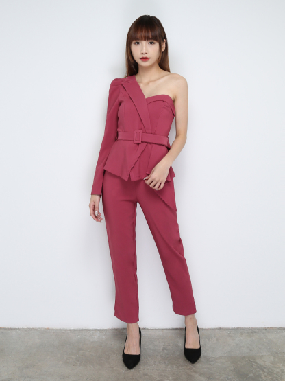 One Shoulder Back Zip Jumpsuit With Belt 31012