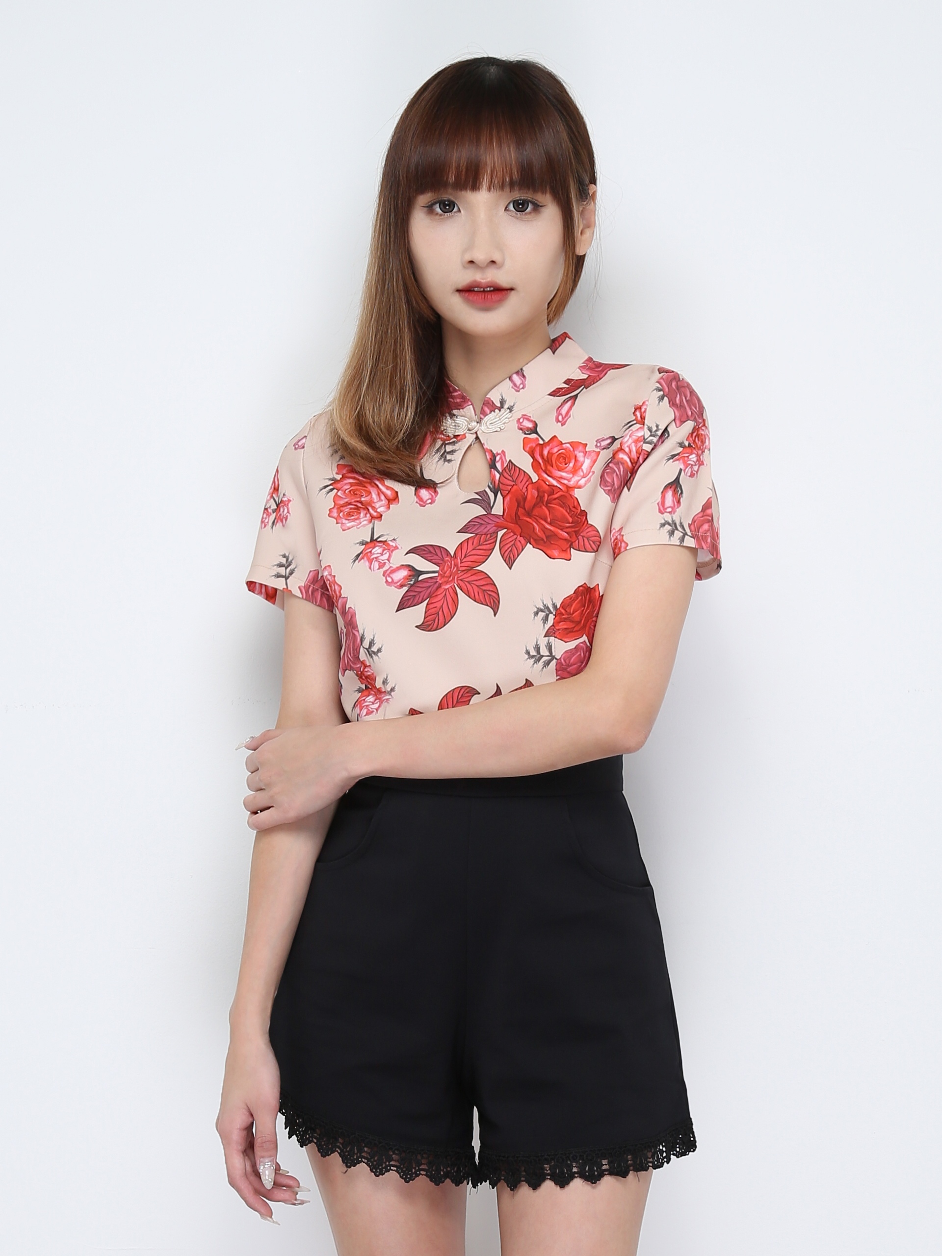 Floral Cheongsam Top With Short Pants Set 31257