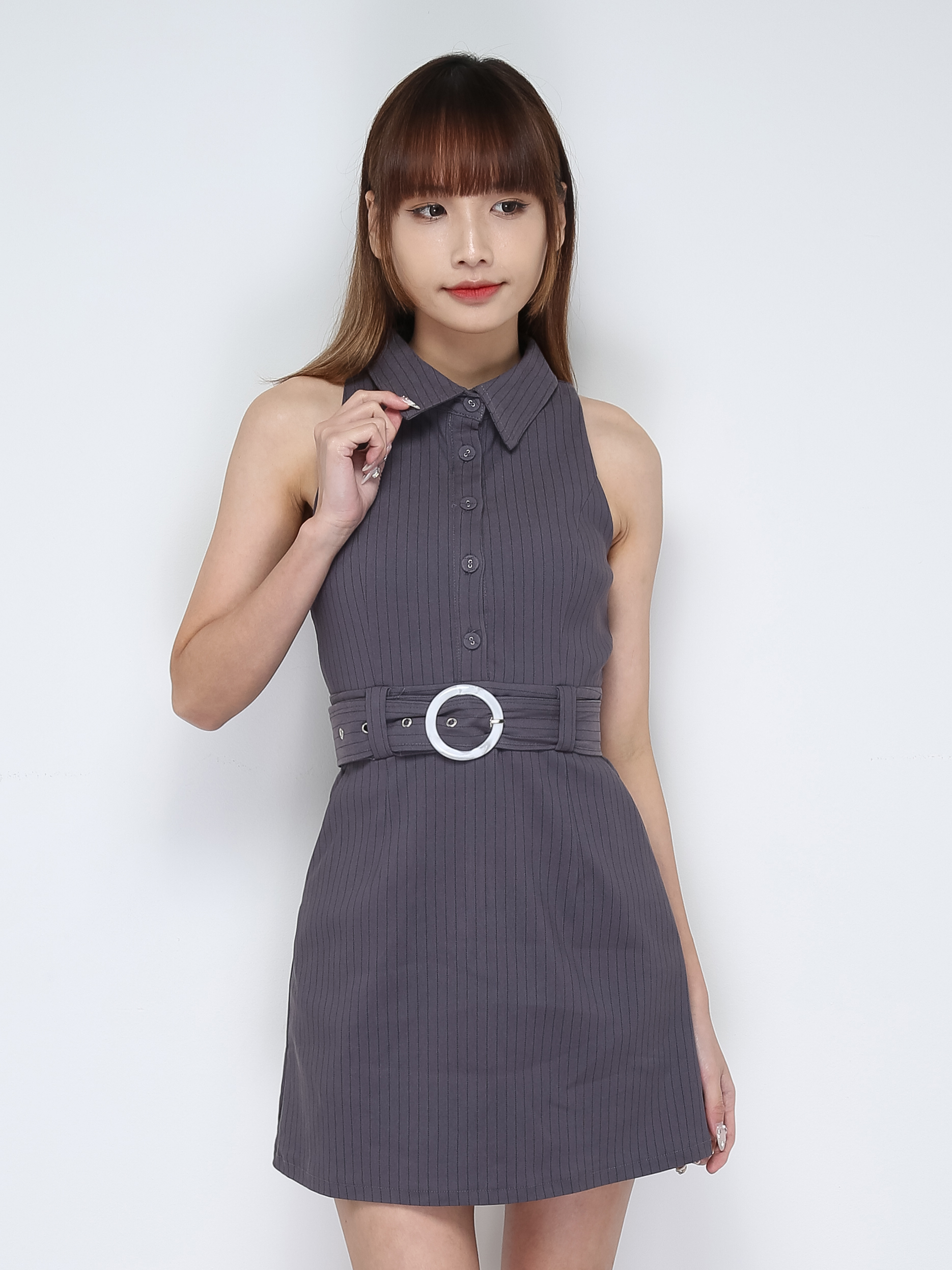 Sleeveless Front Button Dress With Belt 29609