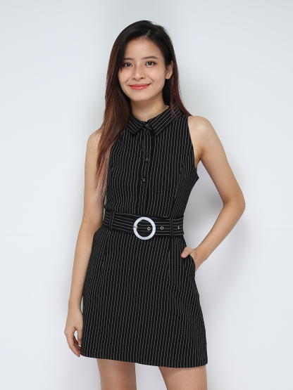 Sleeveless Front Button Dress With Belt 29609