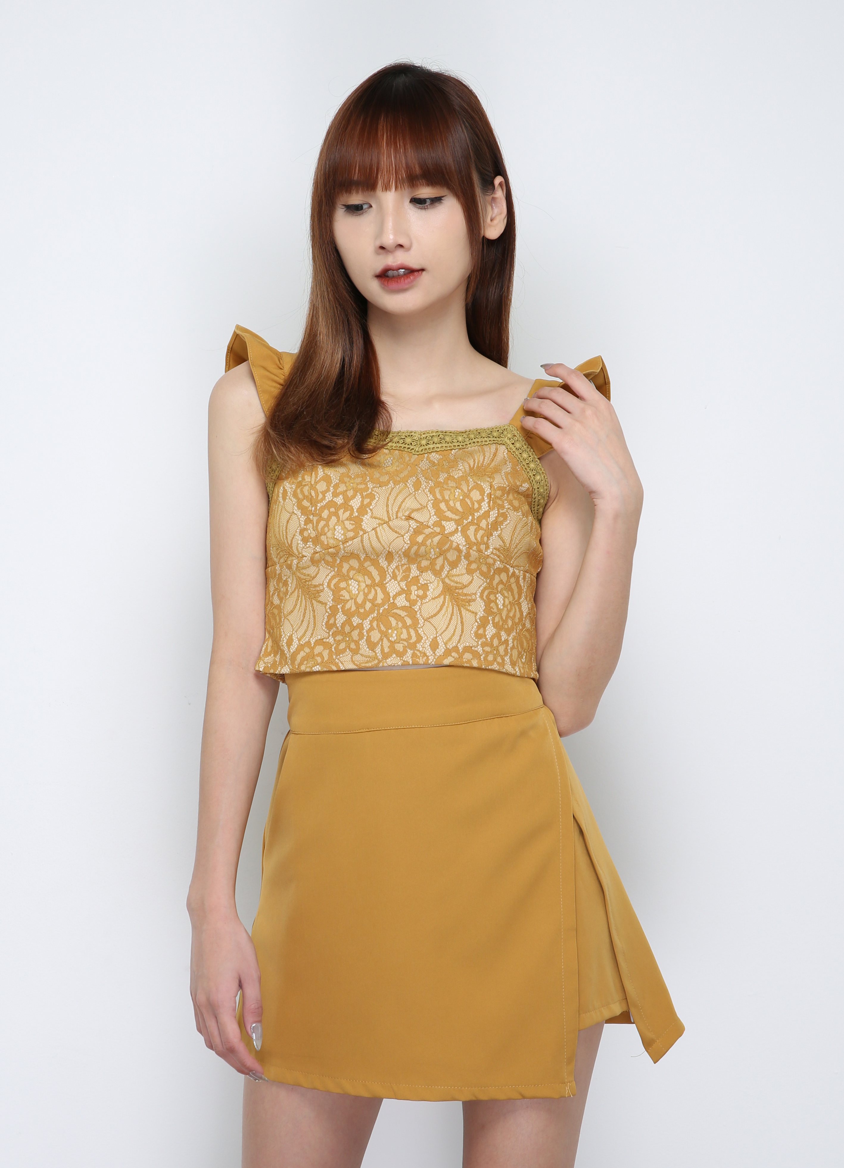 Sleevless Lace top With Split Skirt Pants Set 29968