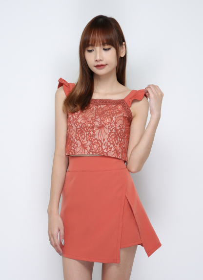 Sleevless Lace top With Split Skirt Pants Set 29968