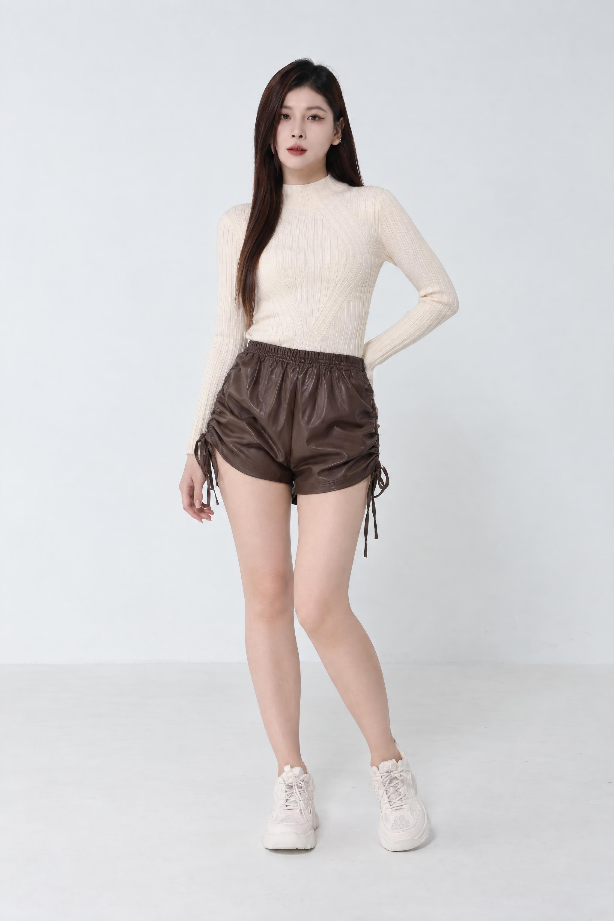 Side Drawstring Leather Short Pants