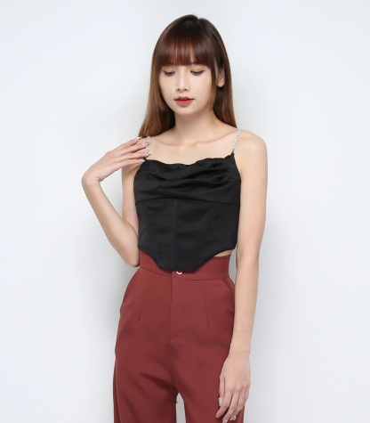 Decorative Diamond Strap With Pleated Back Zip Top 28345