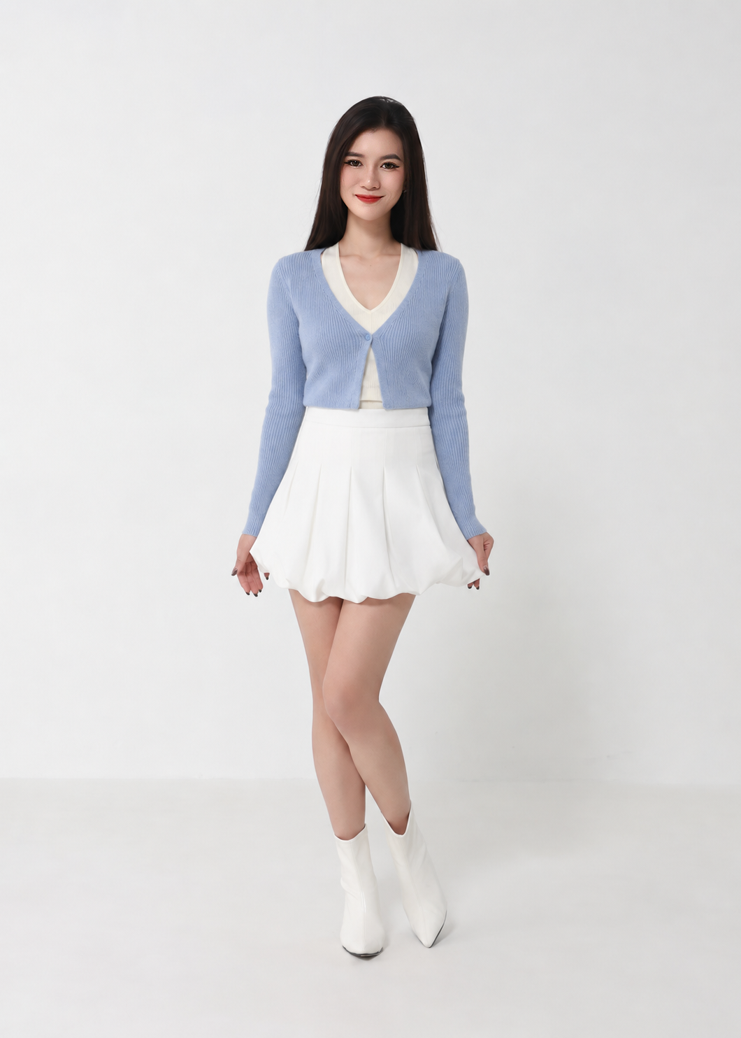 Contrast V-Neck Layered Knit Cardigan DJ284