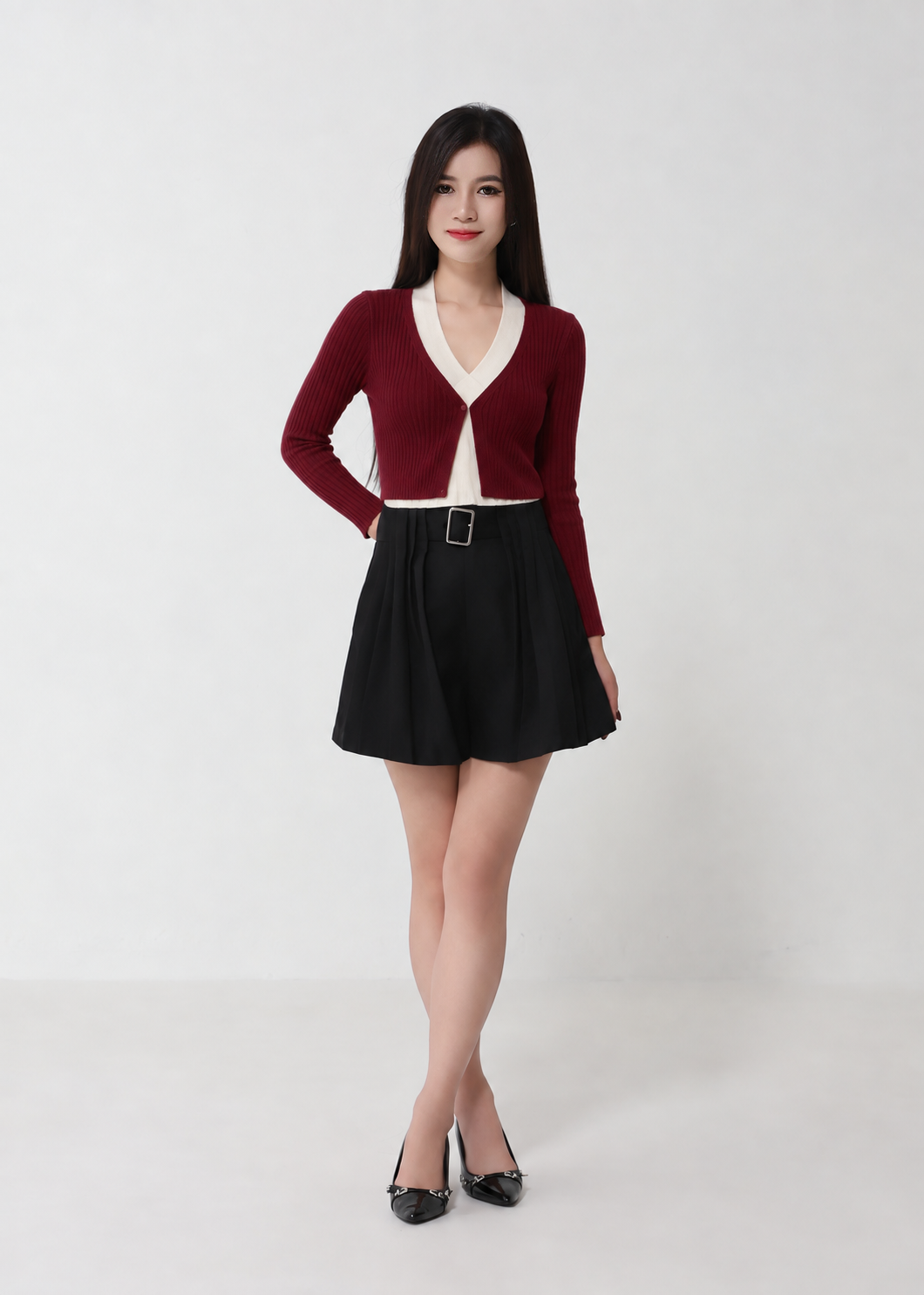 Contrast V-Neck Layered Knit Cardigan DJ284