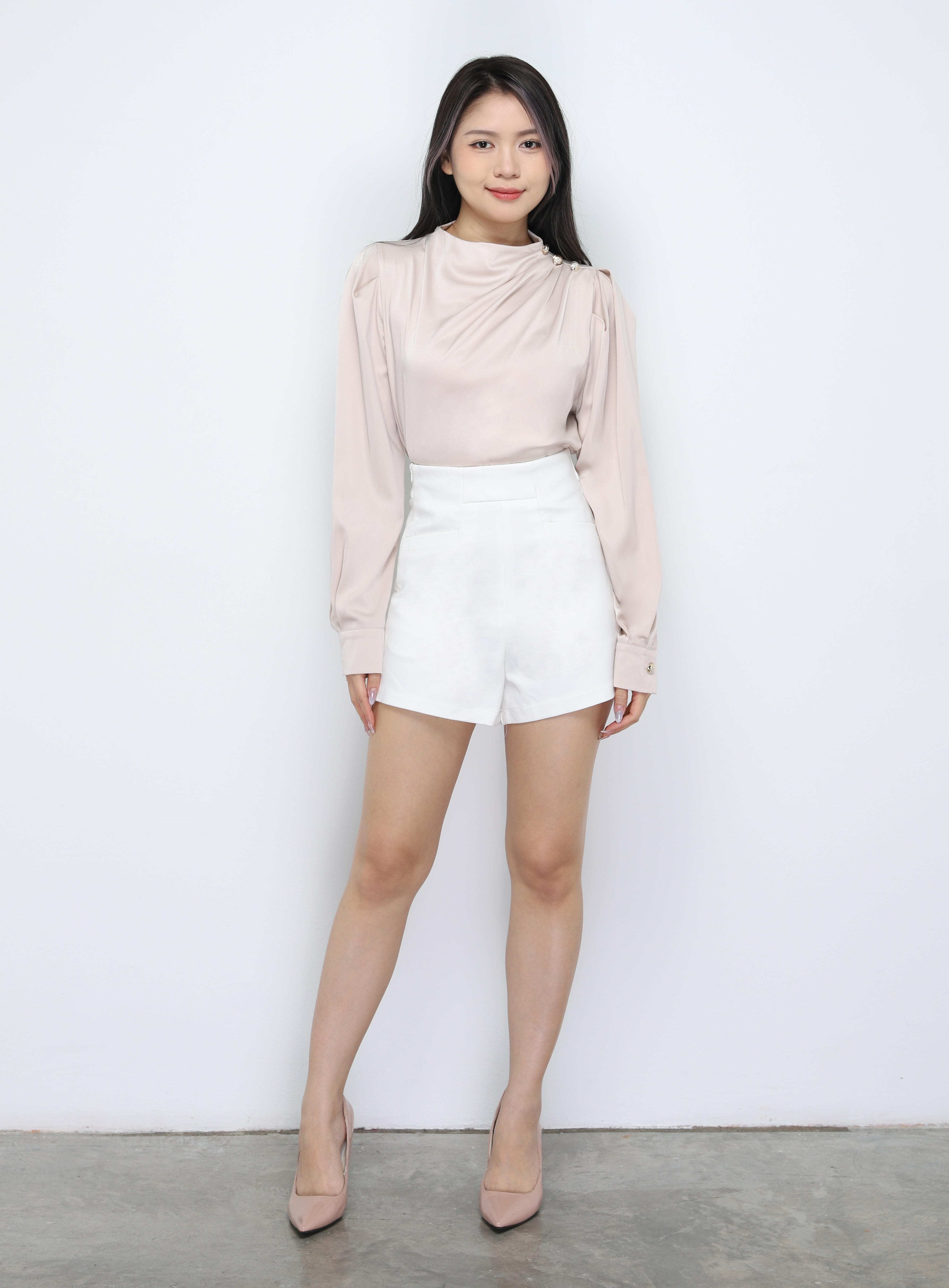 Turtle Neck Decorative With Button Blouse 33776