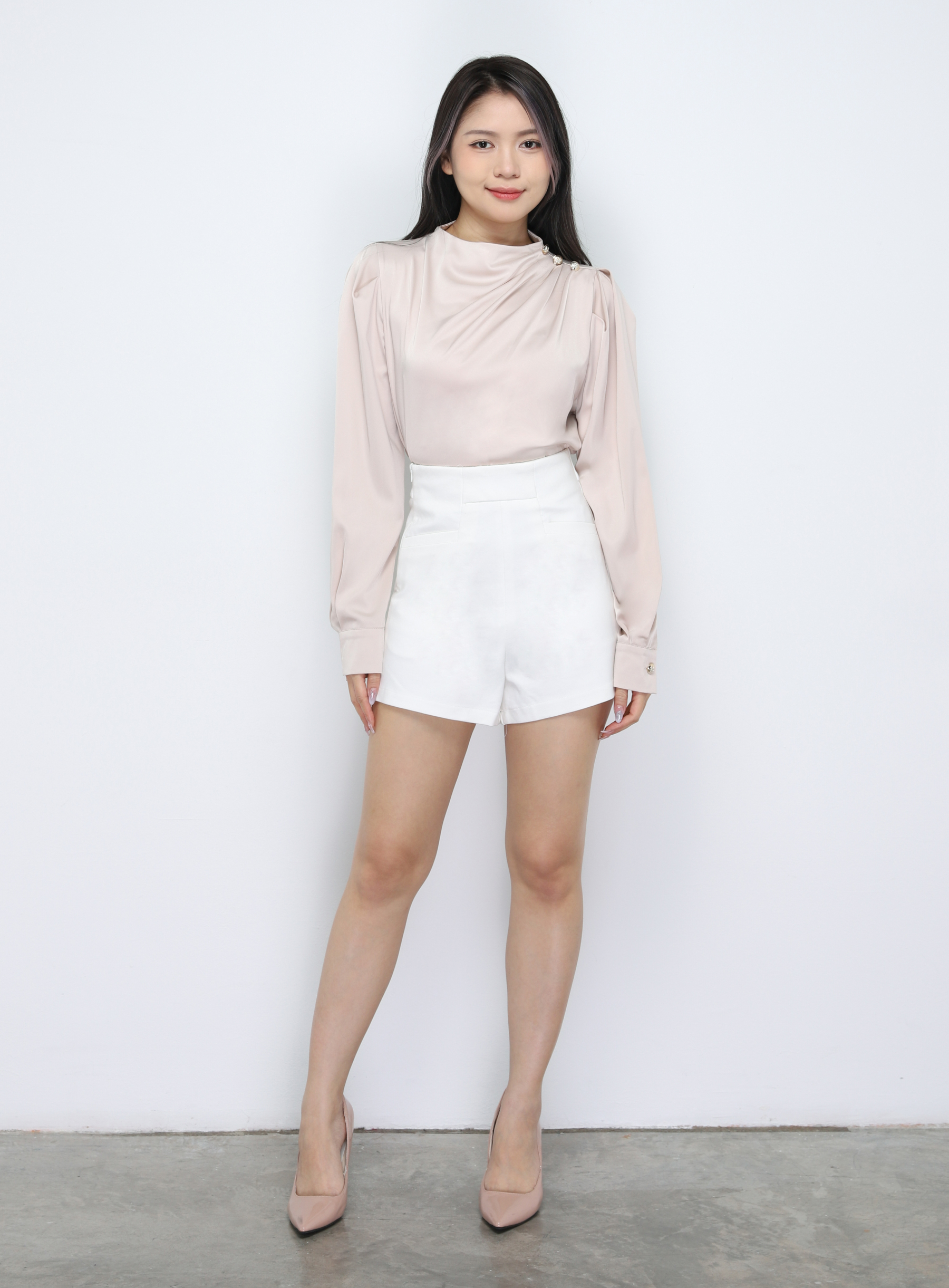 Turtle Neck Decorative With Button Blouse 33776