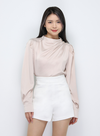 Turtle Neck Decorative With Button Blouse 33776
