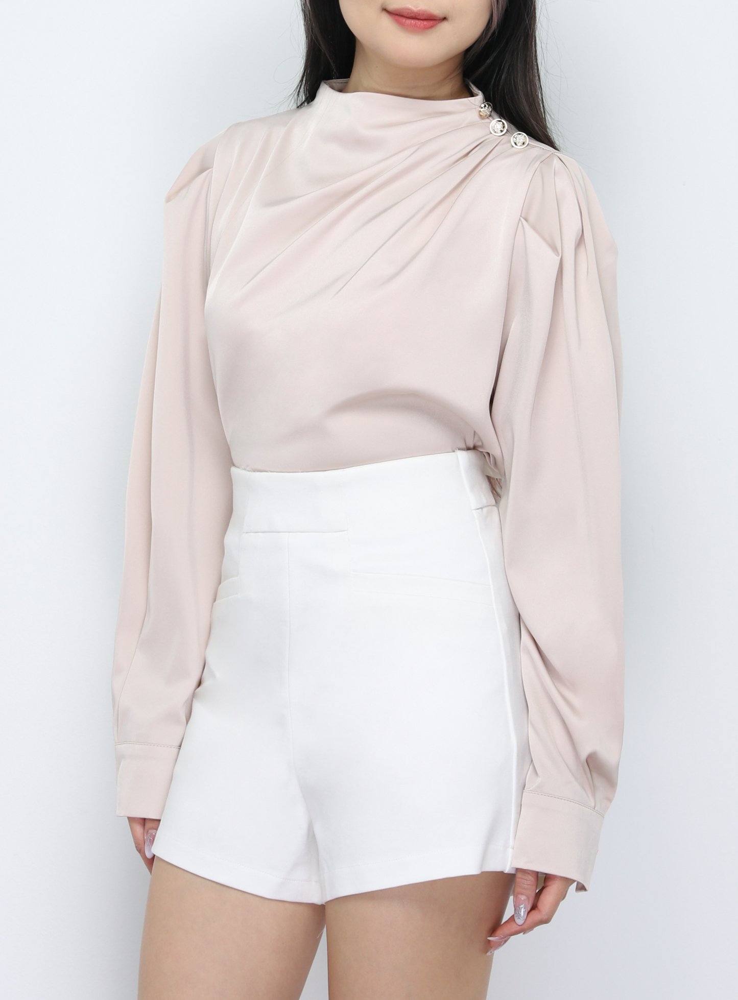 Turtle Neck Decorative With Button Blouse 33776