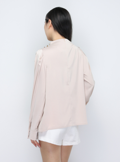 Turtle Neck Decorative With Button Blouse 33776