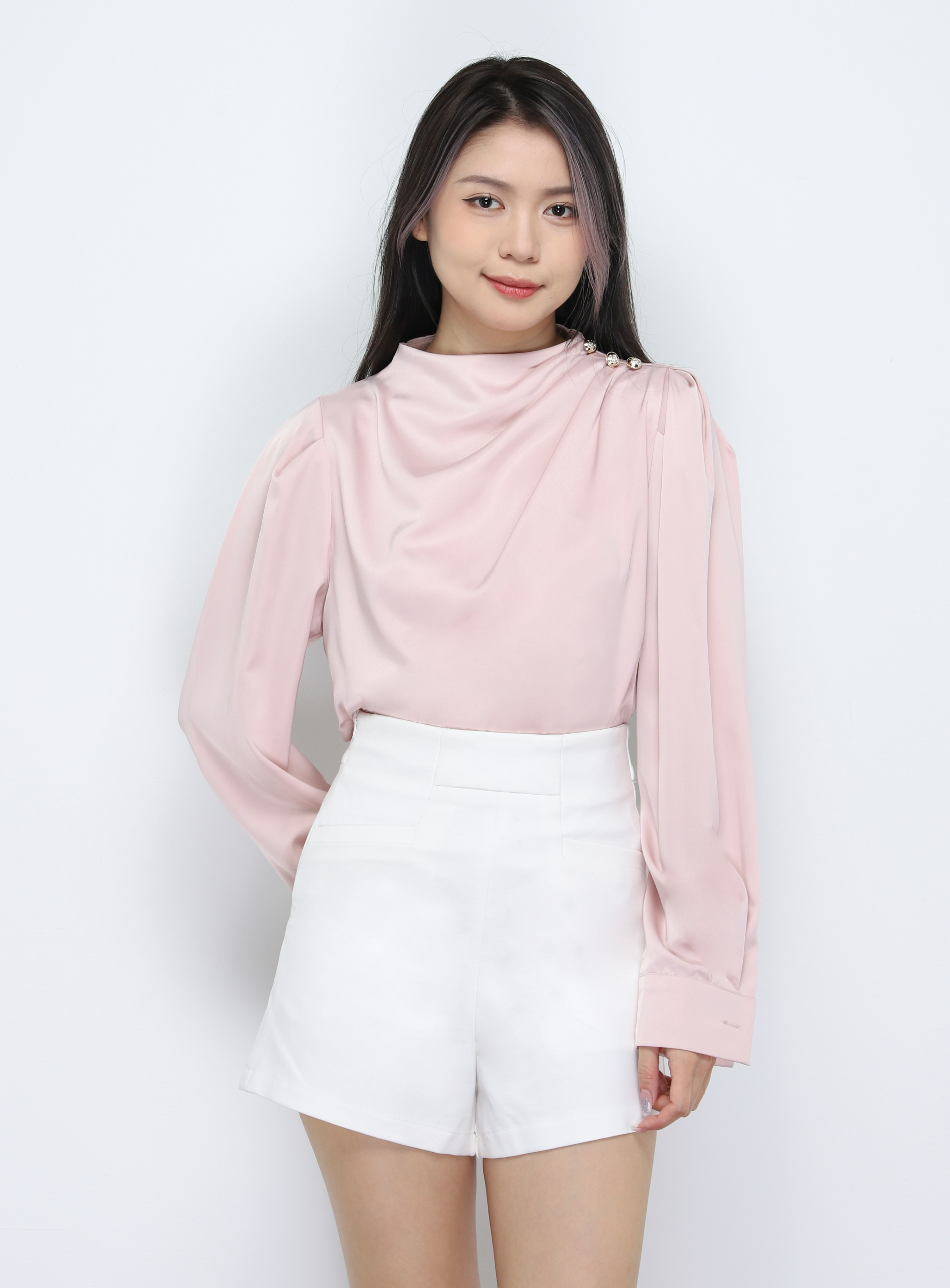 Turtle Neck Decorative With Button Blouse 33776