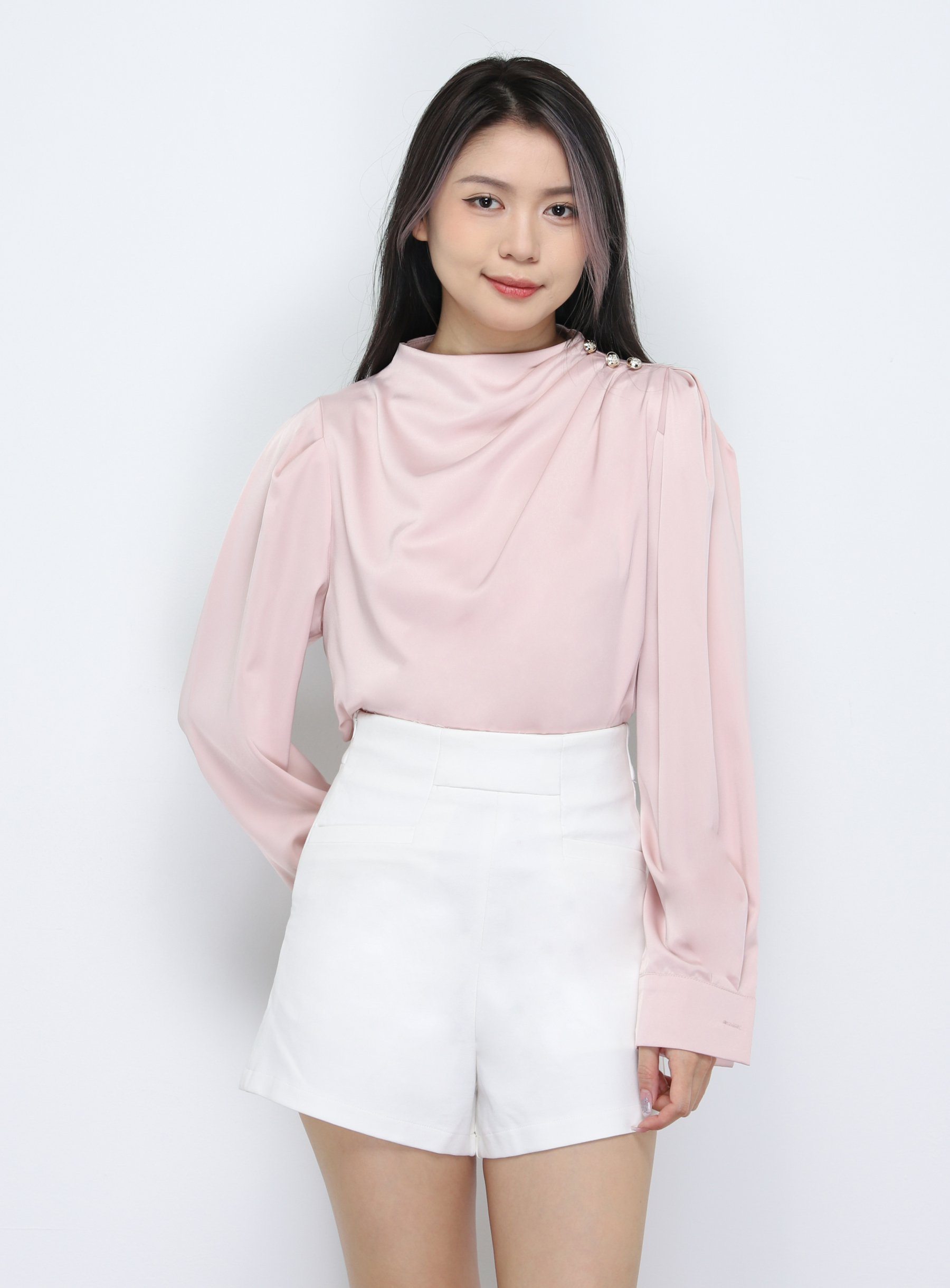 Turtle Neck Decorative With Button Blouse 33776