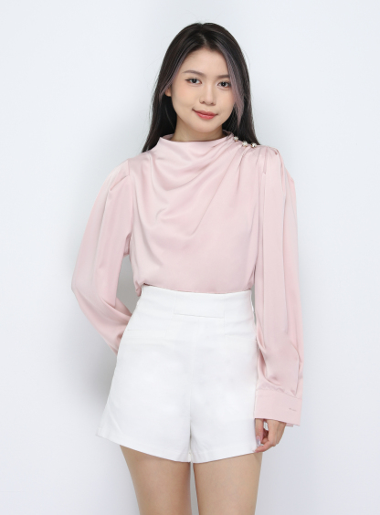 Turtle Neck Decorative With Button Blouse 33776