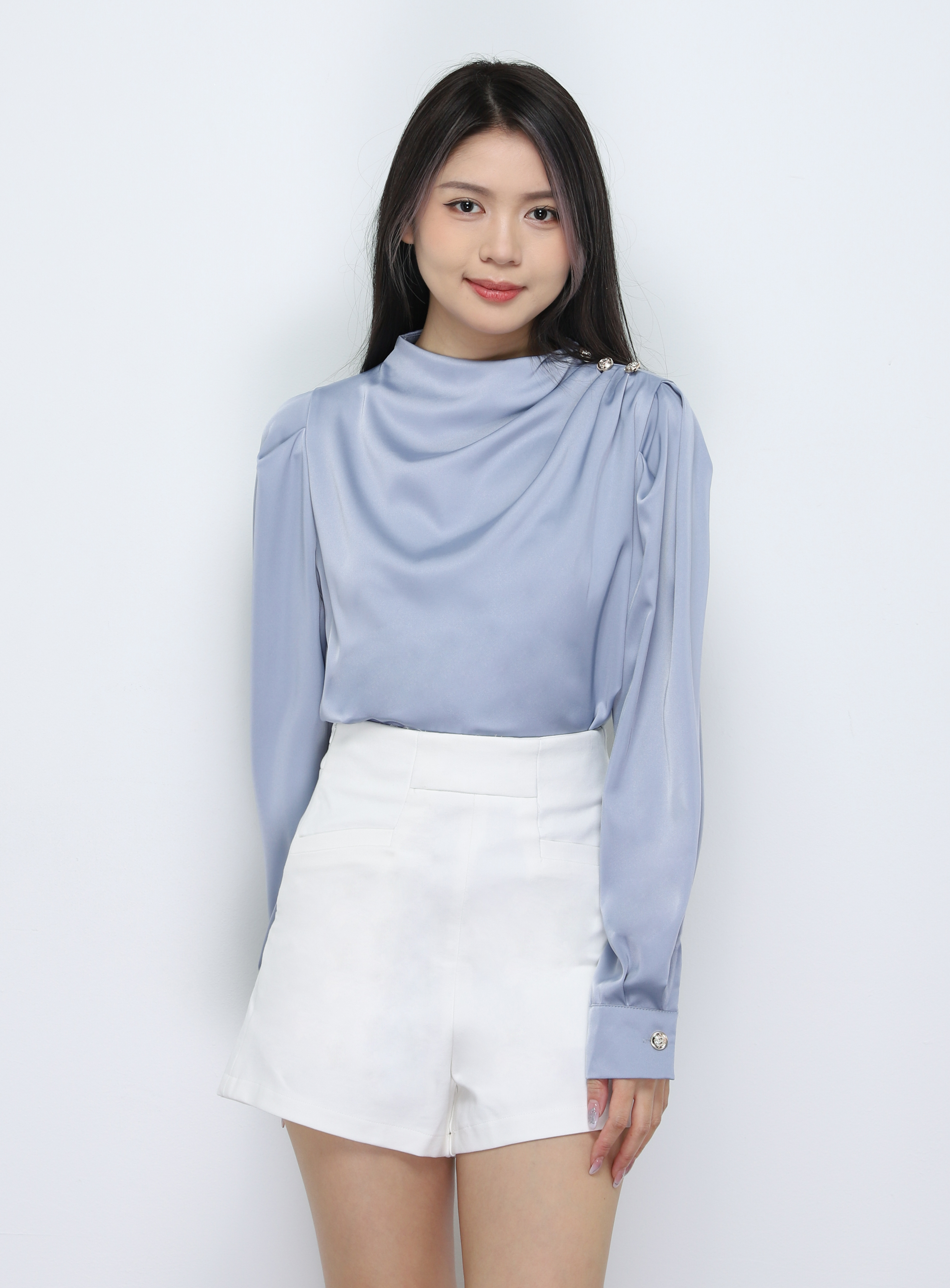 Turtle Neck Decorative With Button Blouse 33776