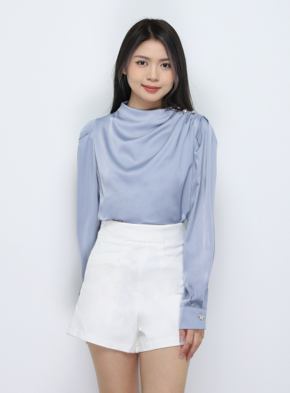 Turtle Neck Decorative With Button Blouse 33776