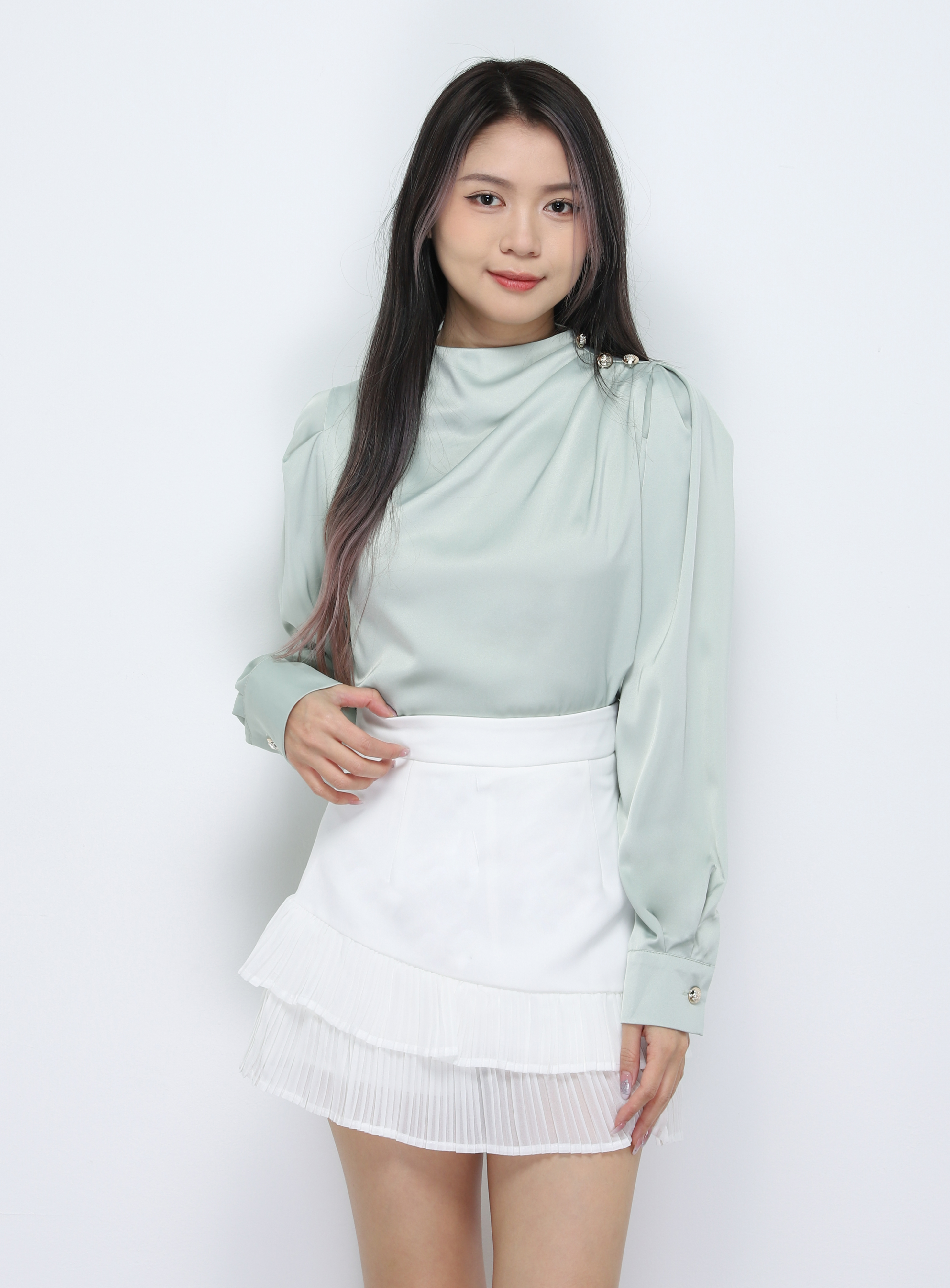 Turtle Neck Decorative With Button Blouse 33776