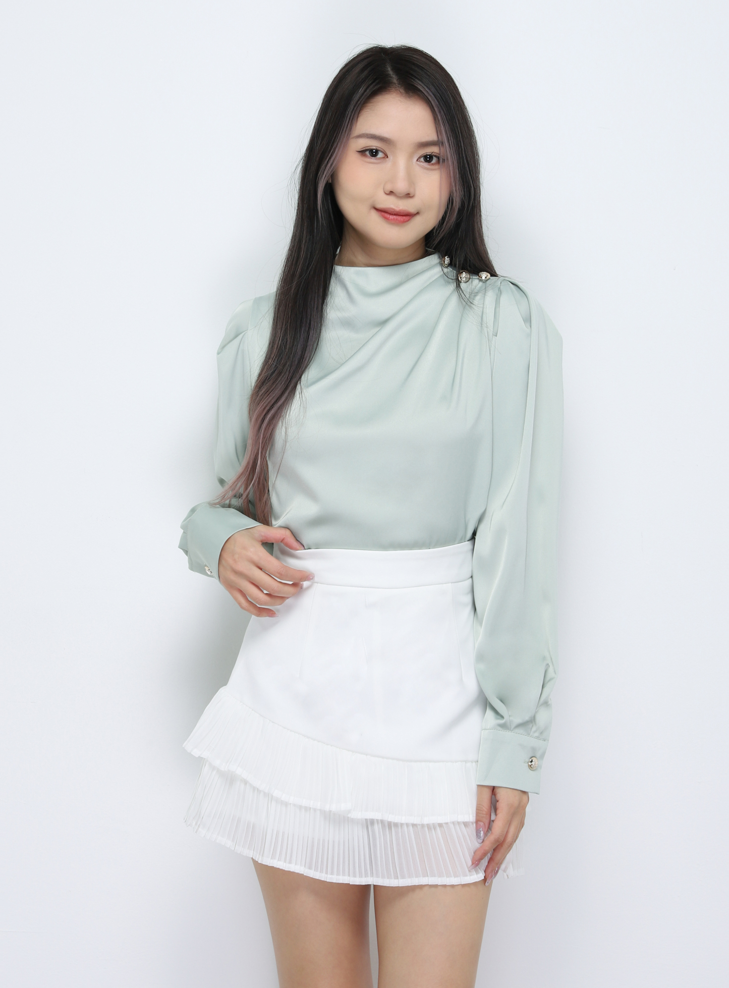 Turtle Neck Decorative With Button Blouse 33776