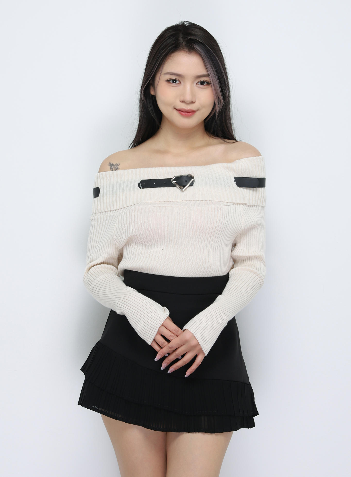 Knitted Off Shoulder With Belt Top 33798