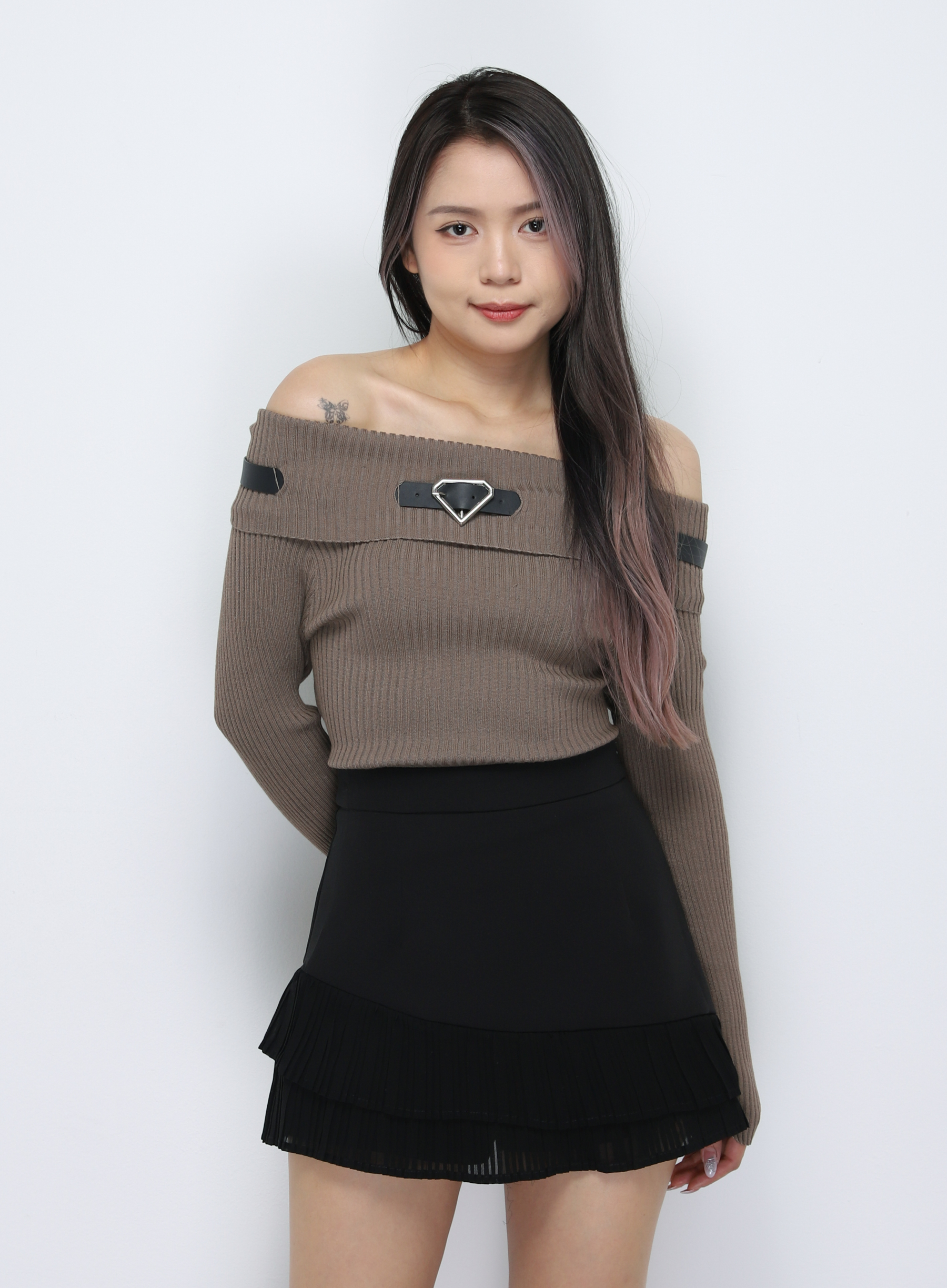 Knitted Off Shoulder With Belt Top 33798