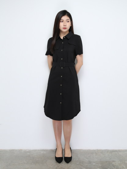 Short Sleeve Front Button Dress With Belt 28172