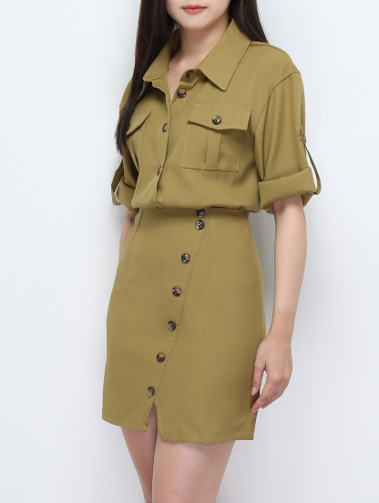 Short Sleeve Front Button Top With Skirt Set 28192
