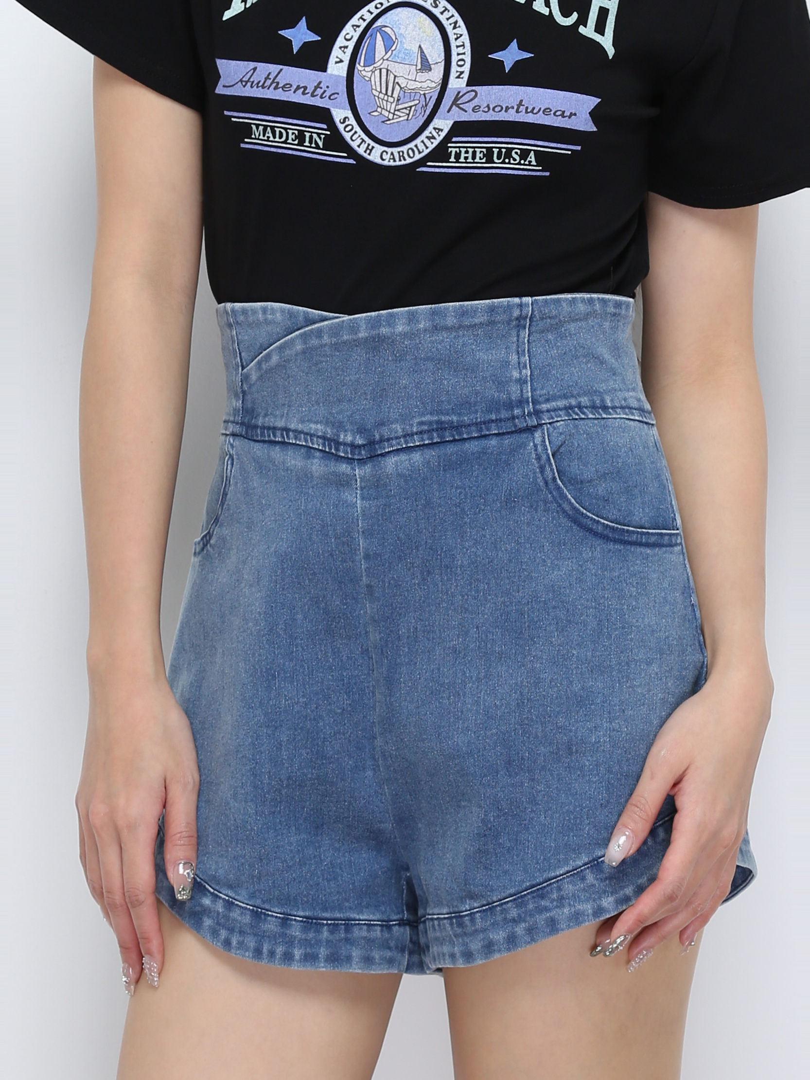 Denim High Waist Side Pocket Short Pants 28115 (SO)