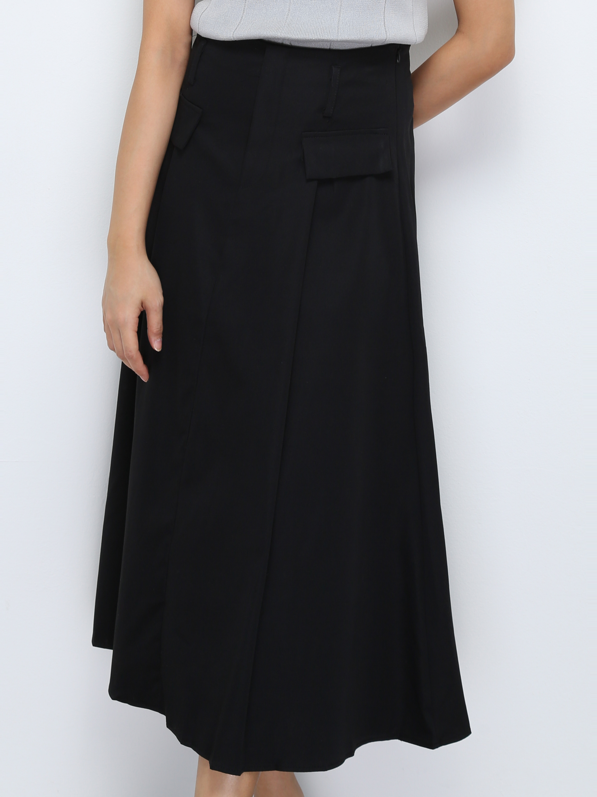 Pleated Front Decorative Pocket Long Skirt 29897