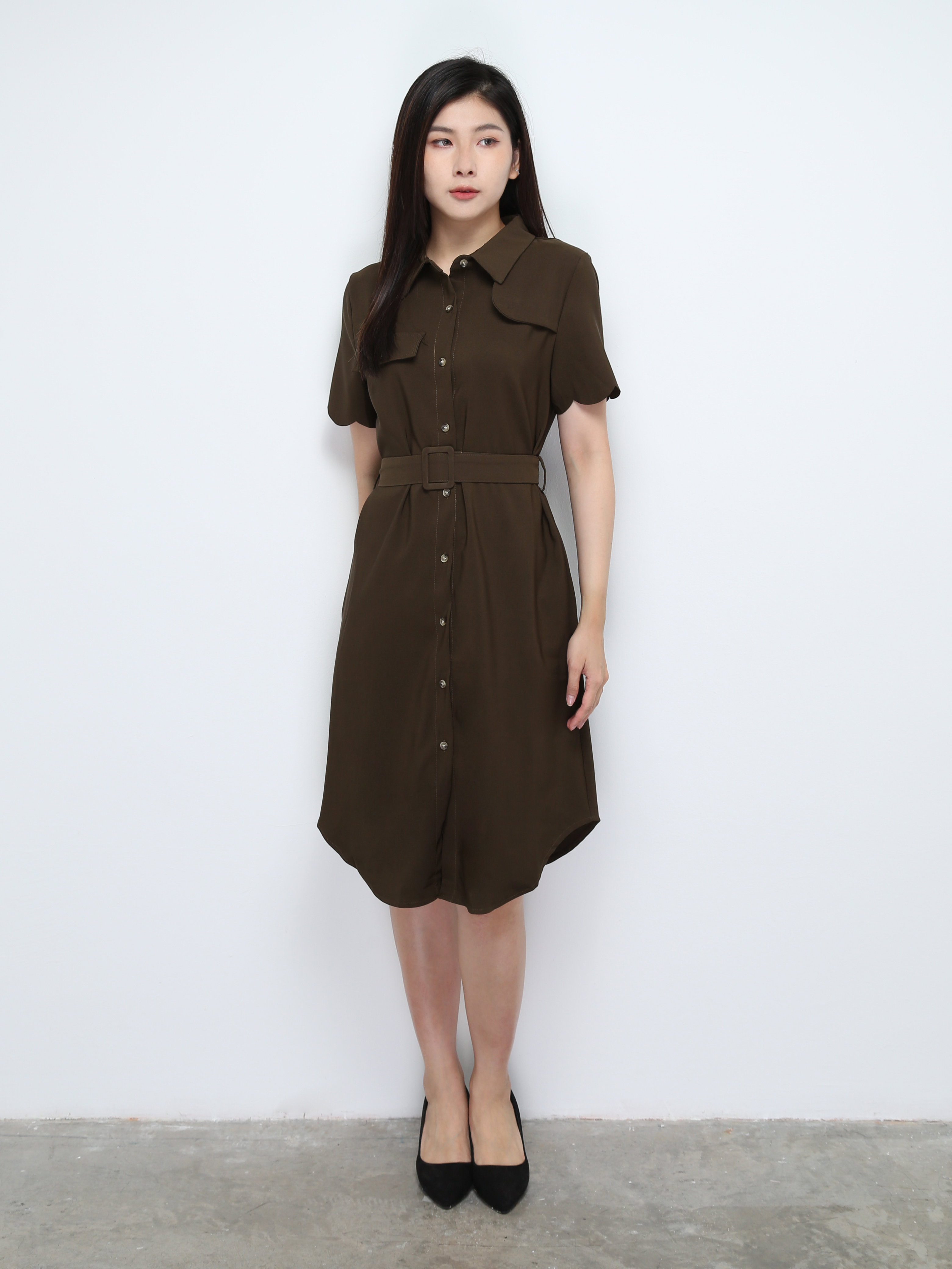 Short Sleeve Front Button Dress With Belt 28172