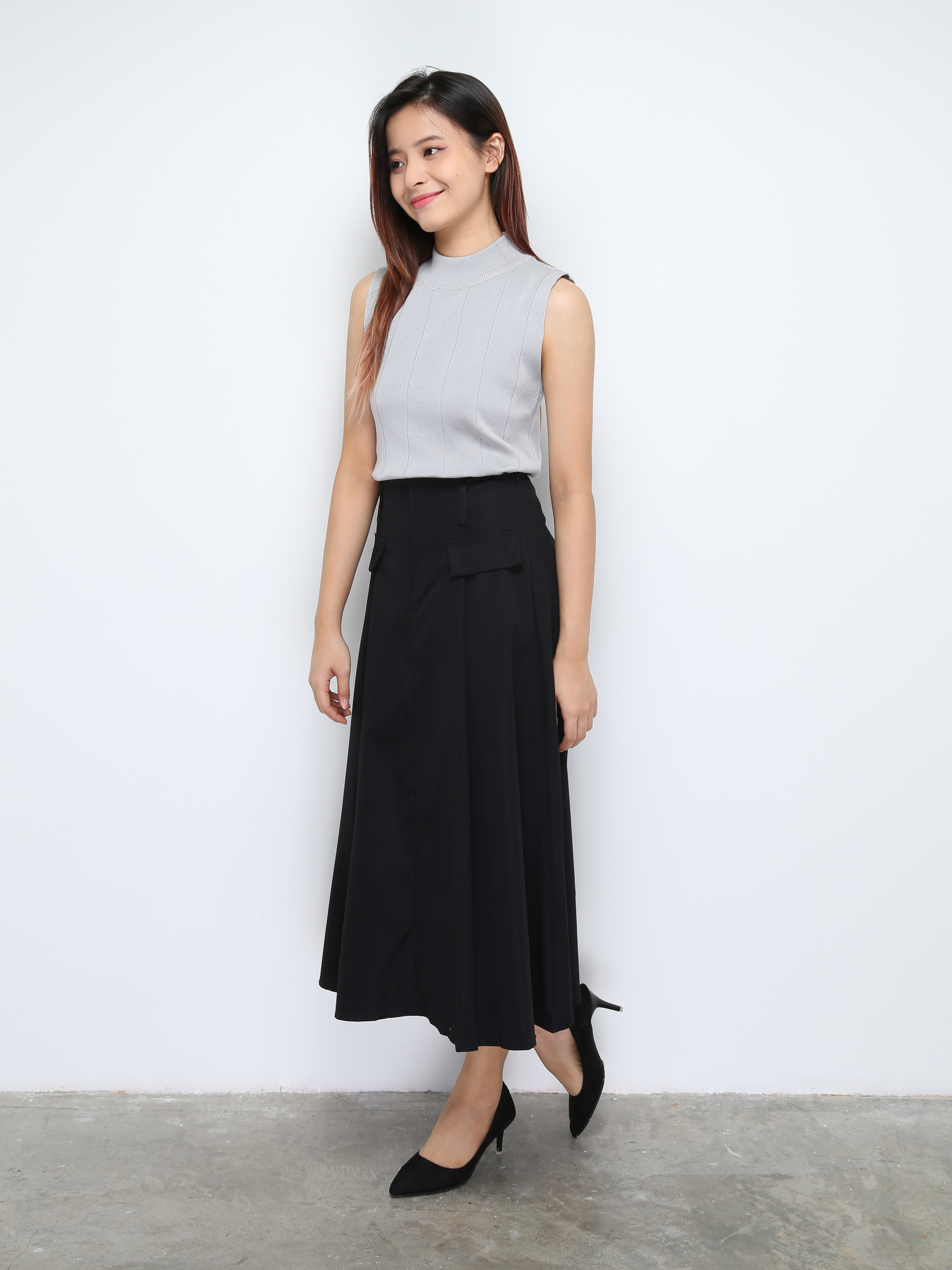 Pleated Front Decorative Pocket Long Skirt 29897
