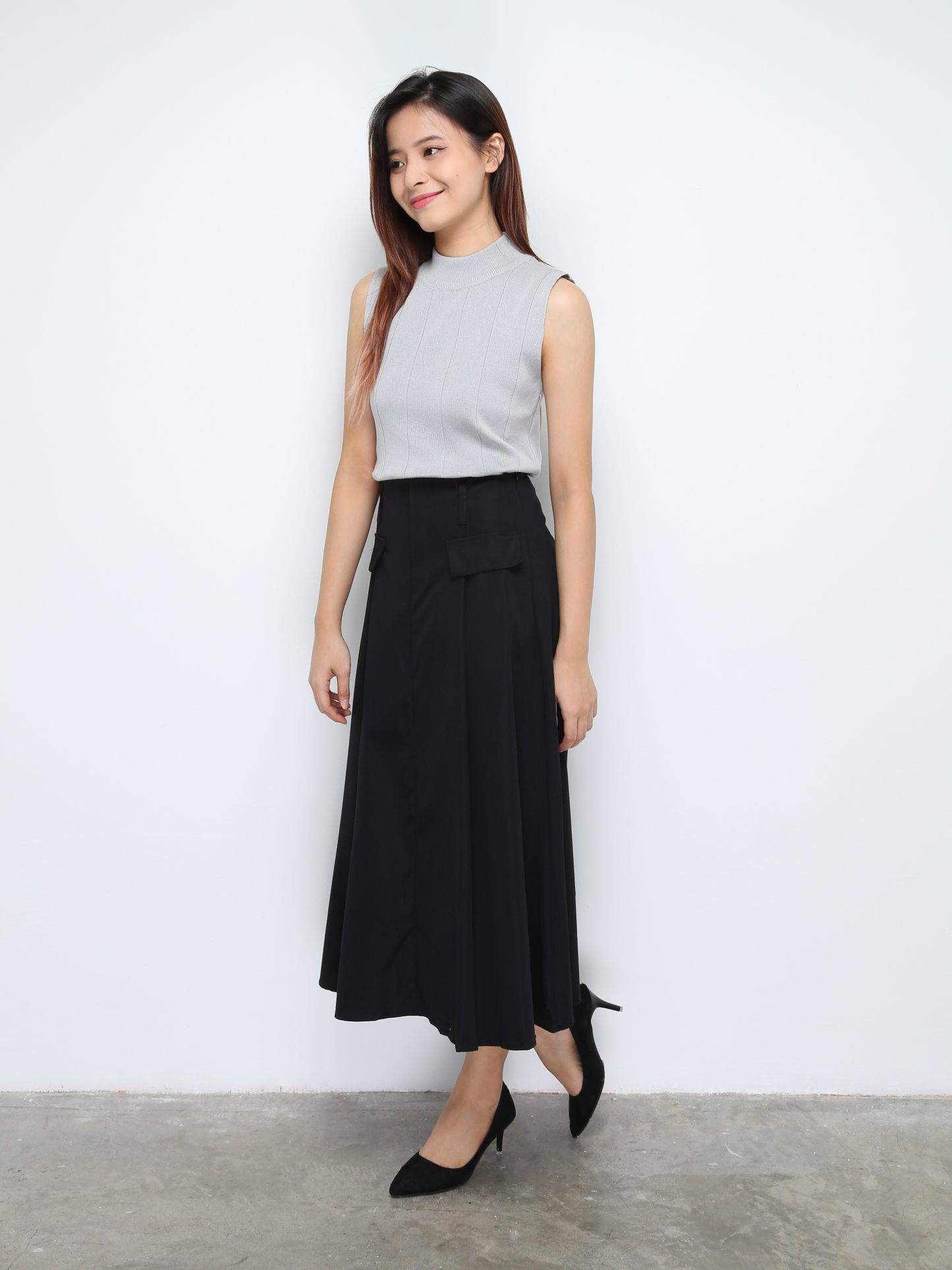 Pleated Front Decorative Pocket Long Skirt 29897
