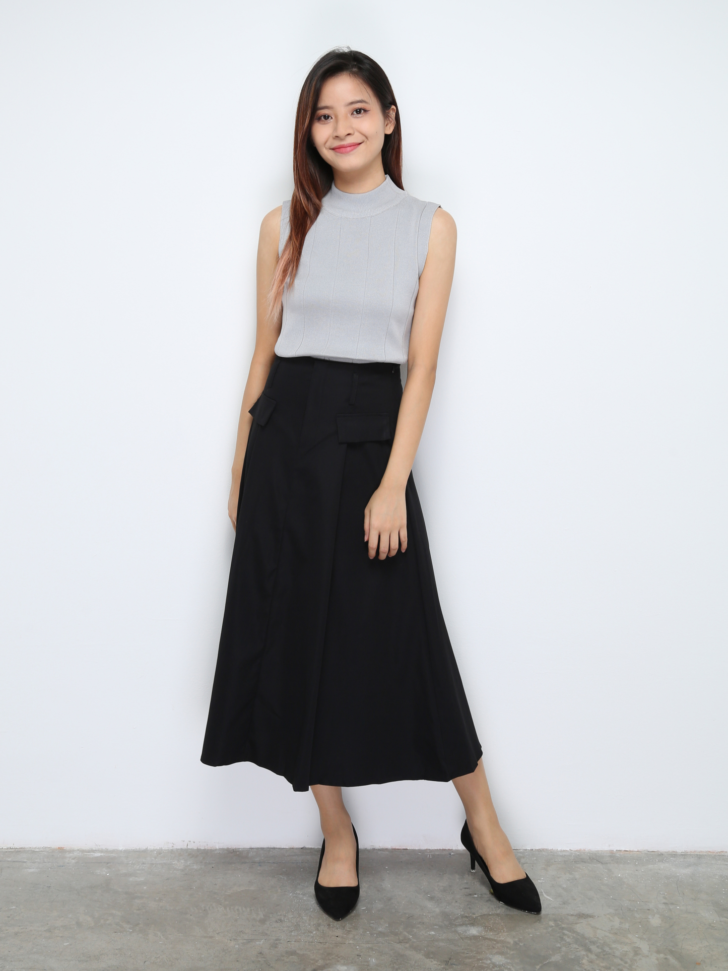 Pleated Front Decorative Pocket Long Skirt 29897