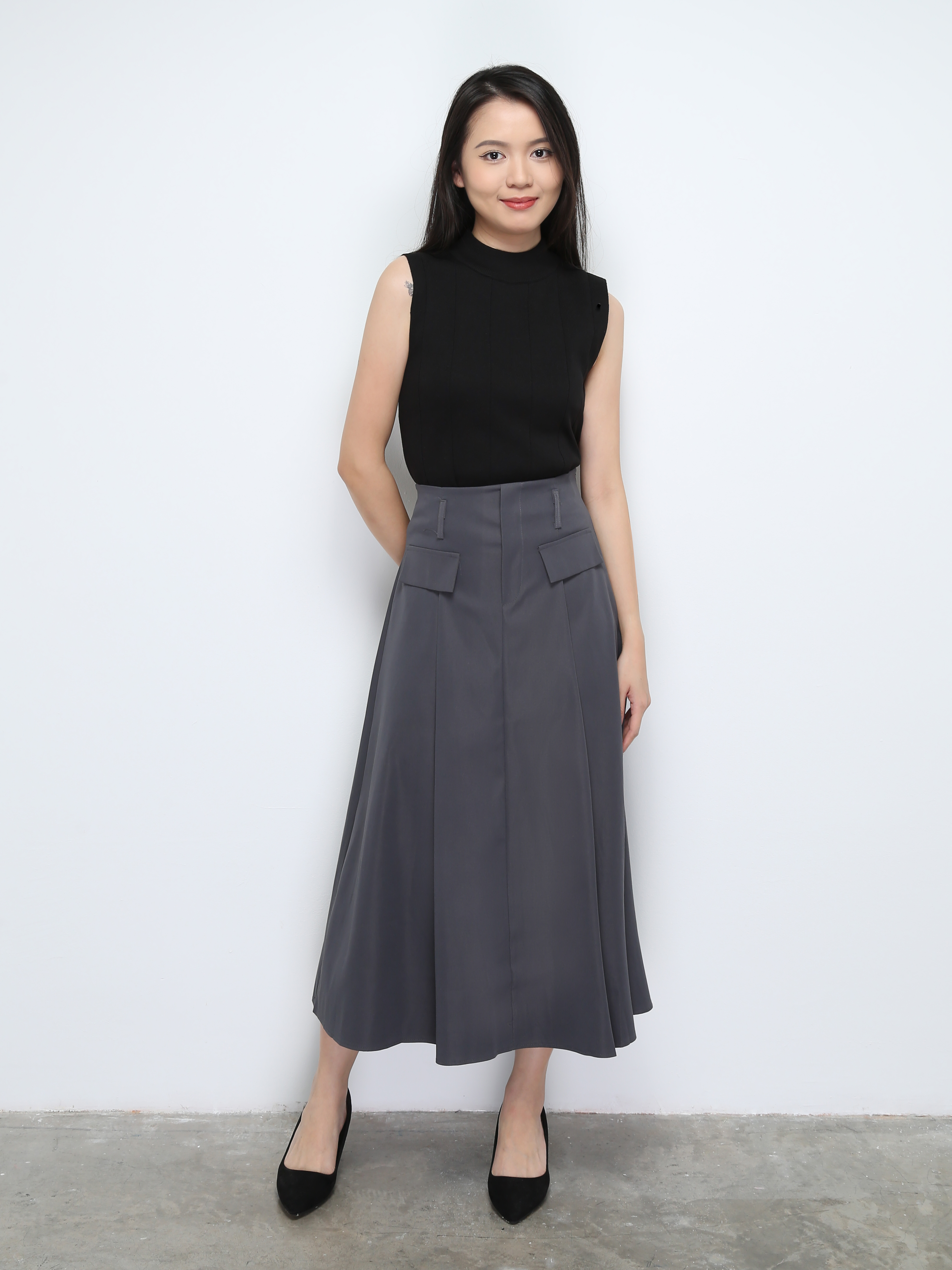 Pleated Front Decorative Pocket Long Skirt 29897